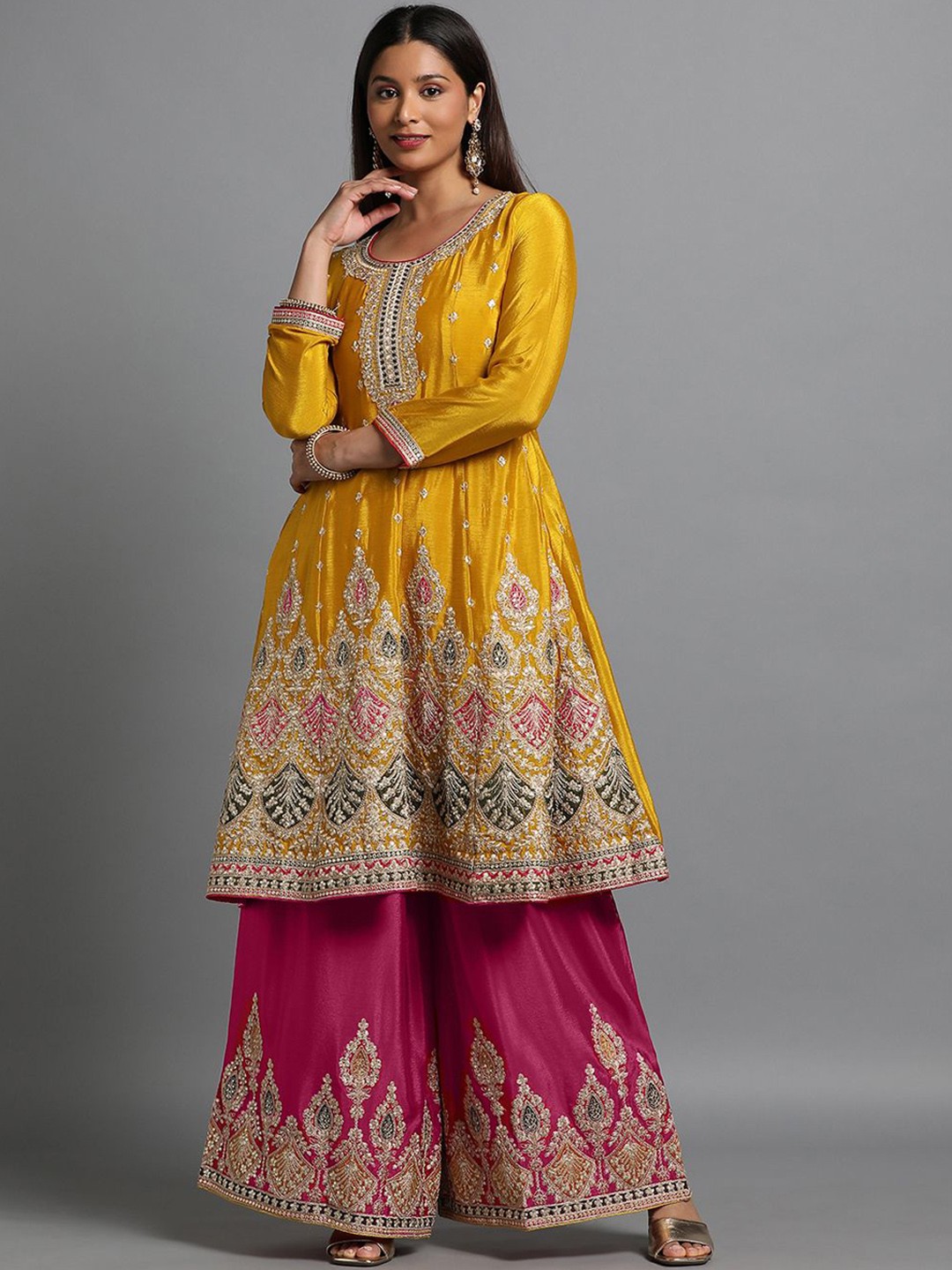 

Miss Ethnik Ethnic Motifs Embroidered Sequinned A-Line Kurta with Palazzo & Dupatta, Yellow