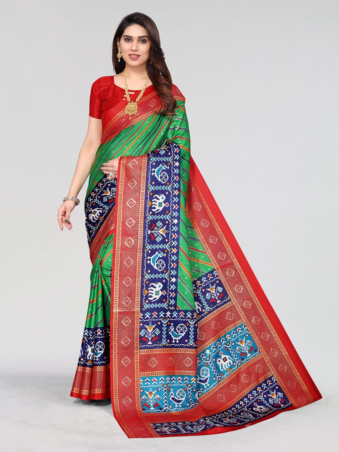 

VIRICA Striped Printed Saree With Blouse Piece, Green