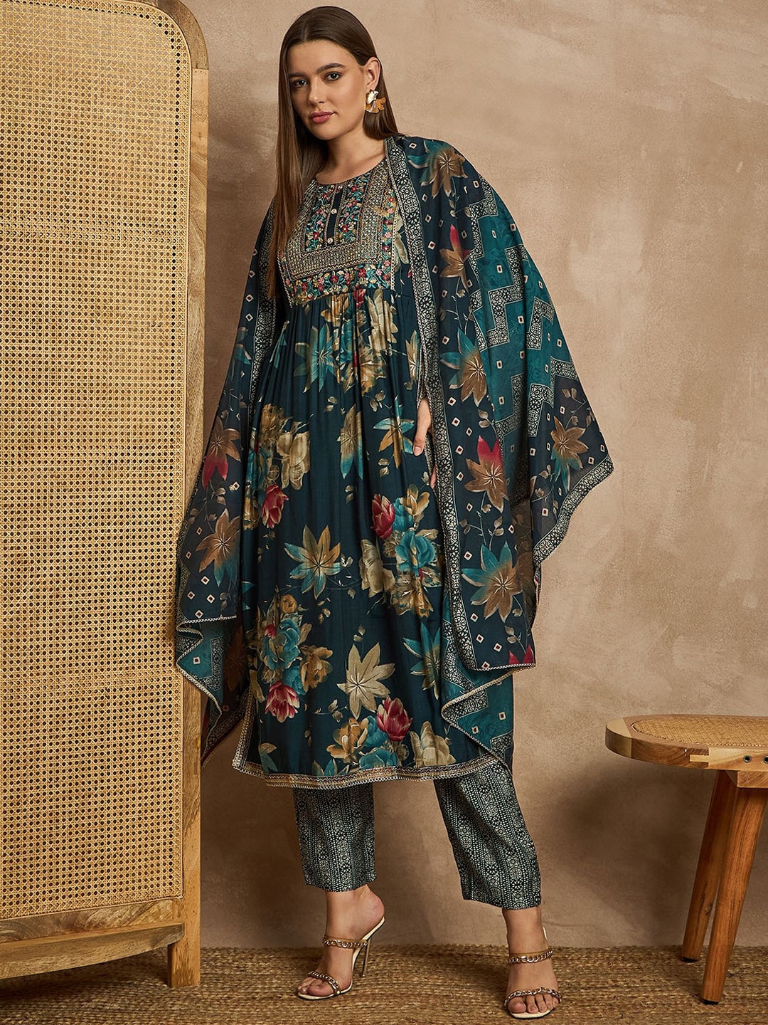 

all about you Printed Sequinned Chanderi Silk A-Line Kurta with Trousers & Dupatta, Teal