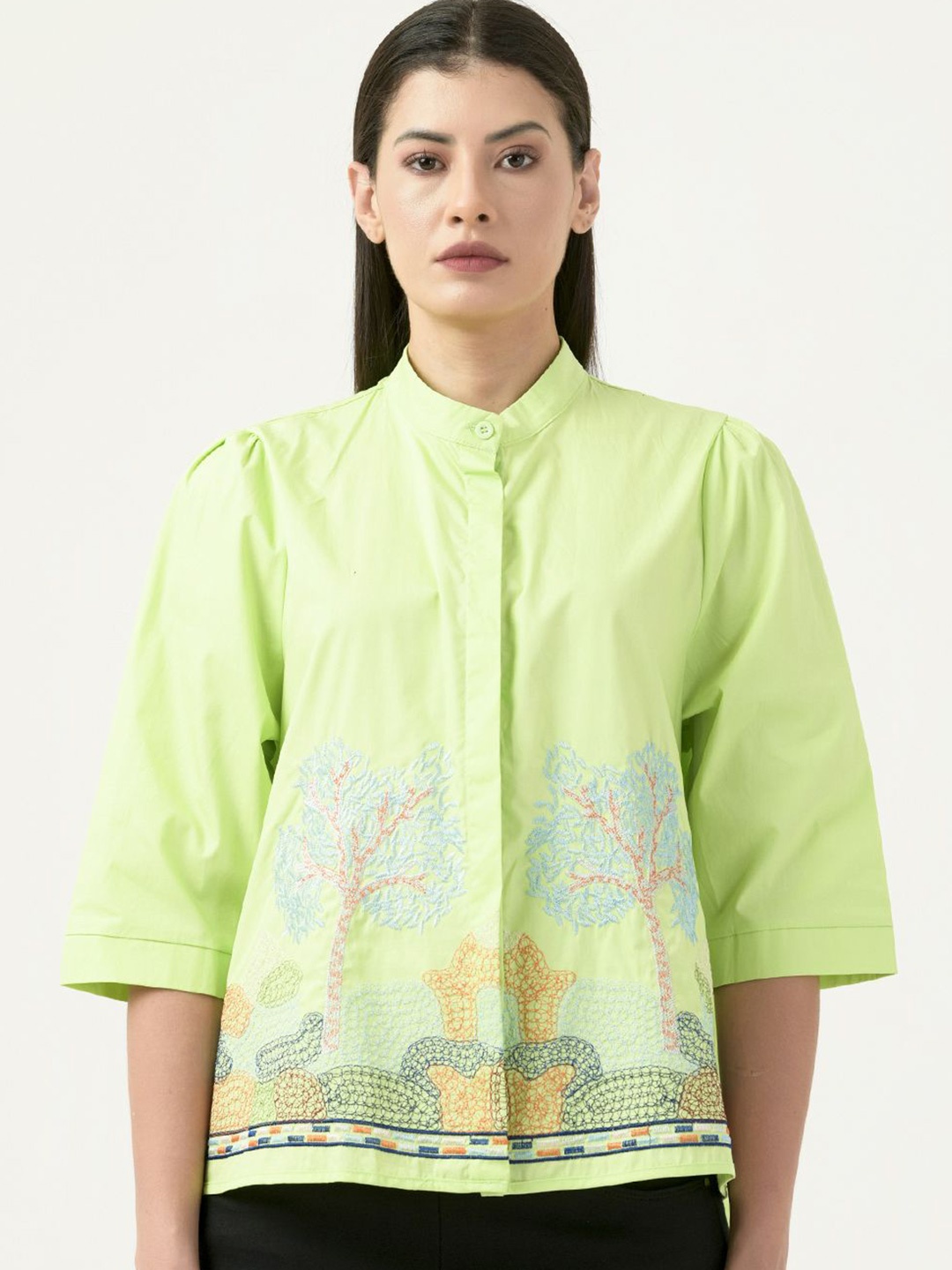 

Albion By CnM Floral Mandarin Collar Georgette Top, Green