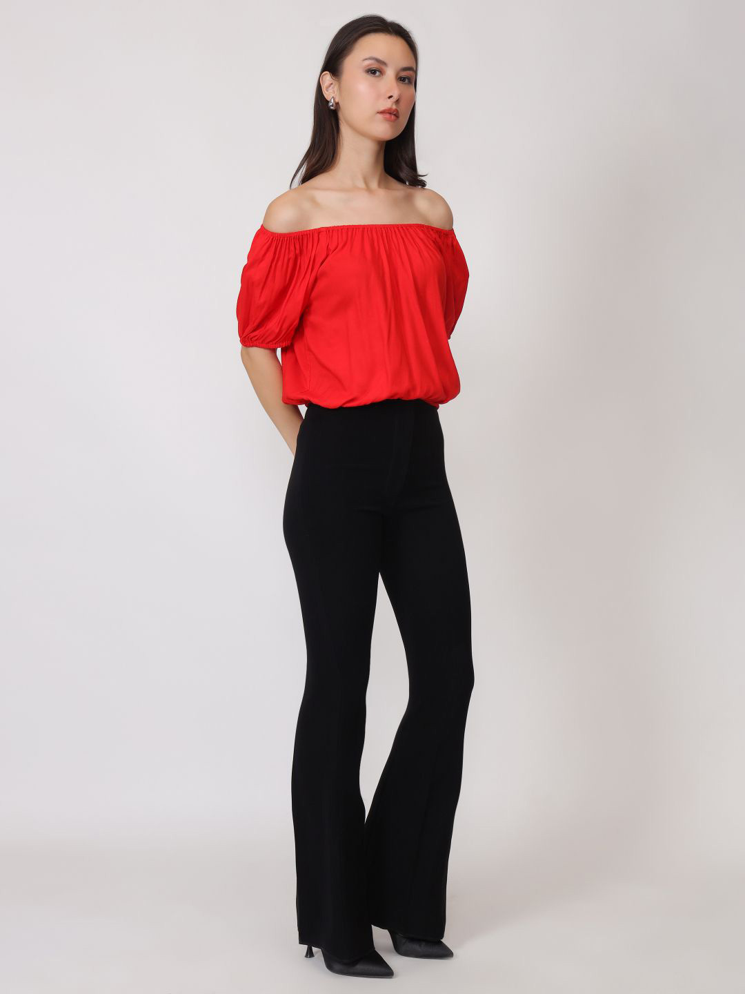 

ENTELLUS Women Solid Off-Shoulder Top, Red