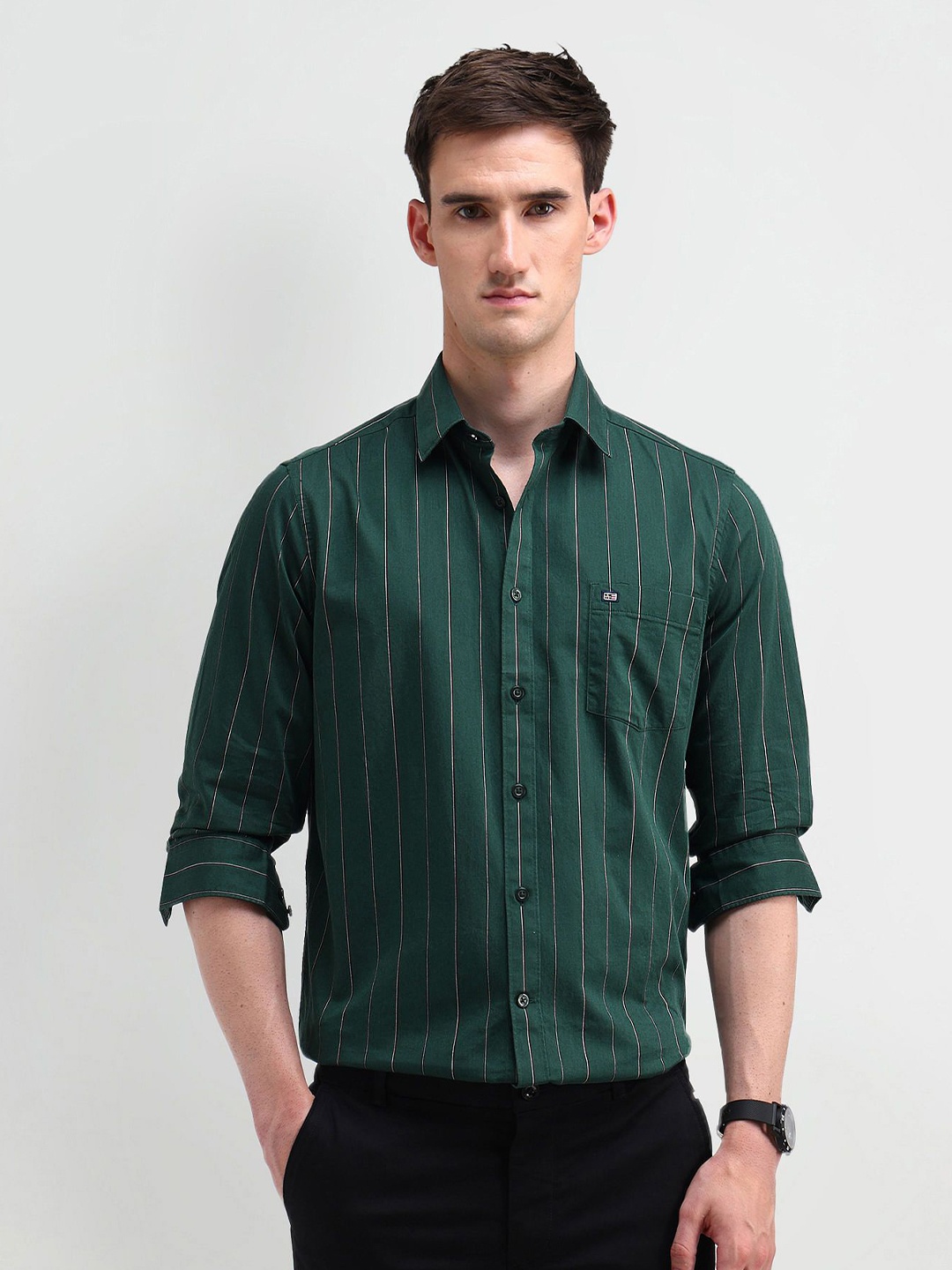 

Arrow Sport Men Classic Spread Collar Vertical Striped Cotton Casual Shirt, Green