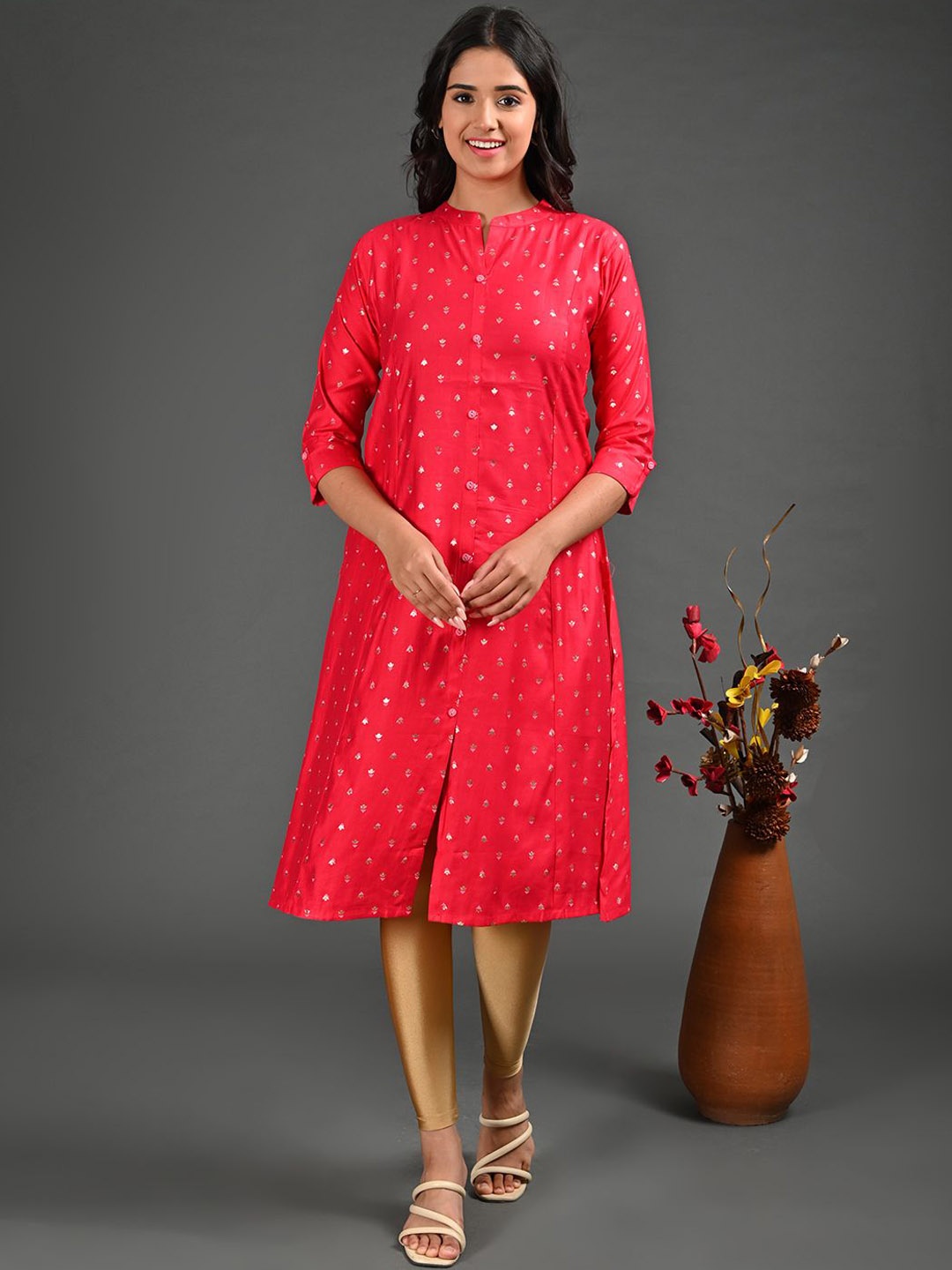 

GOLDSTROMS Floral Printed Band Collar Roll-Up Sleeves A-Line Kurta, Fuchsia