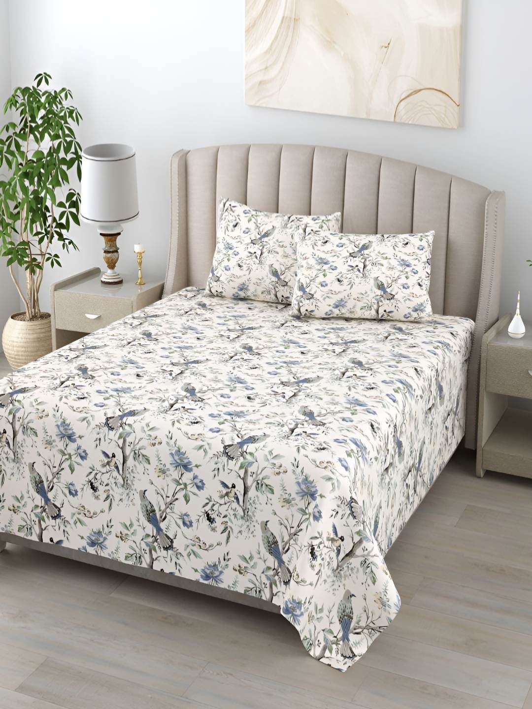 

Jinaya's Anokhi White & Blue Floral 210 TC Pure Cotton King Bedsheet With 2 Pillow Covers