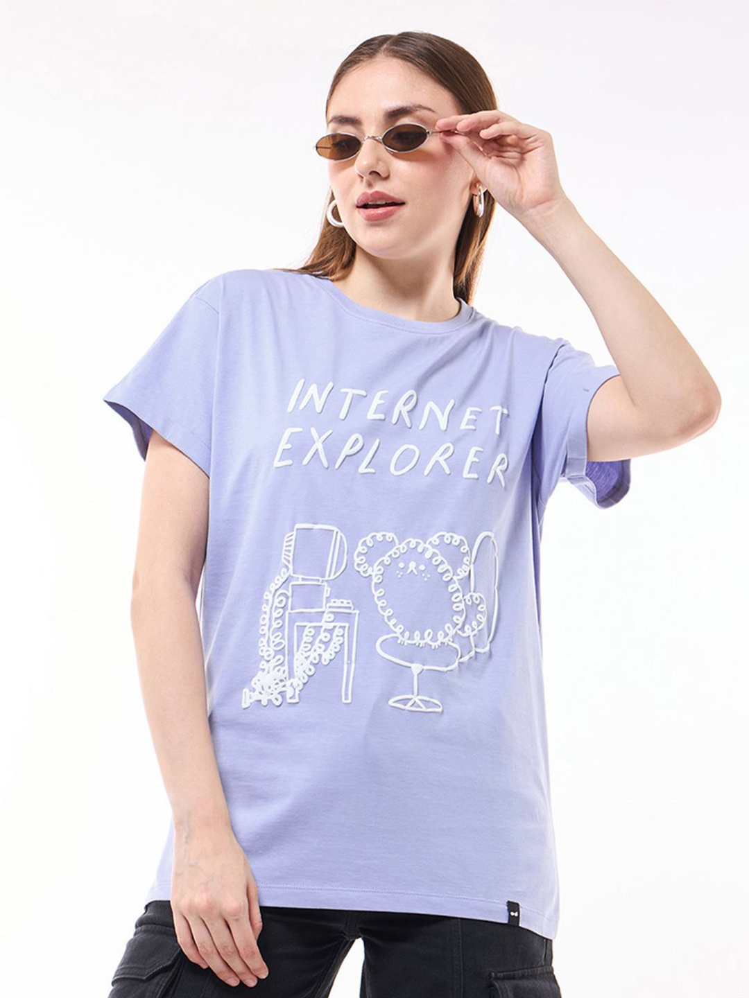

Bewakoof Women Graphic Printed Round Neck Cotton Relaxed Fit T-shirt, Purple