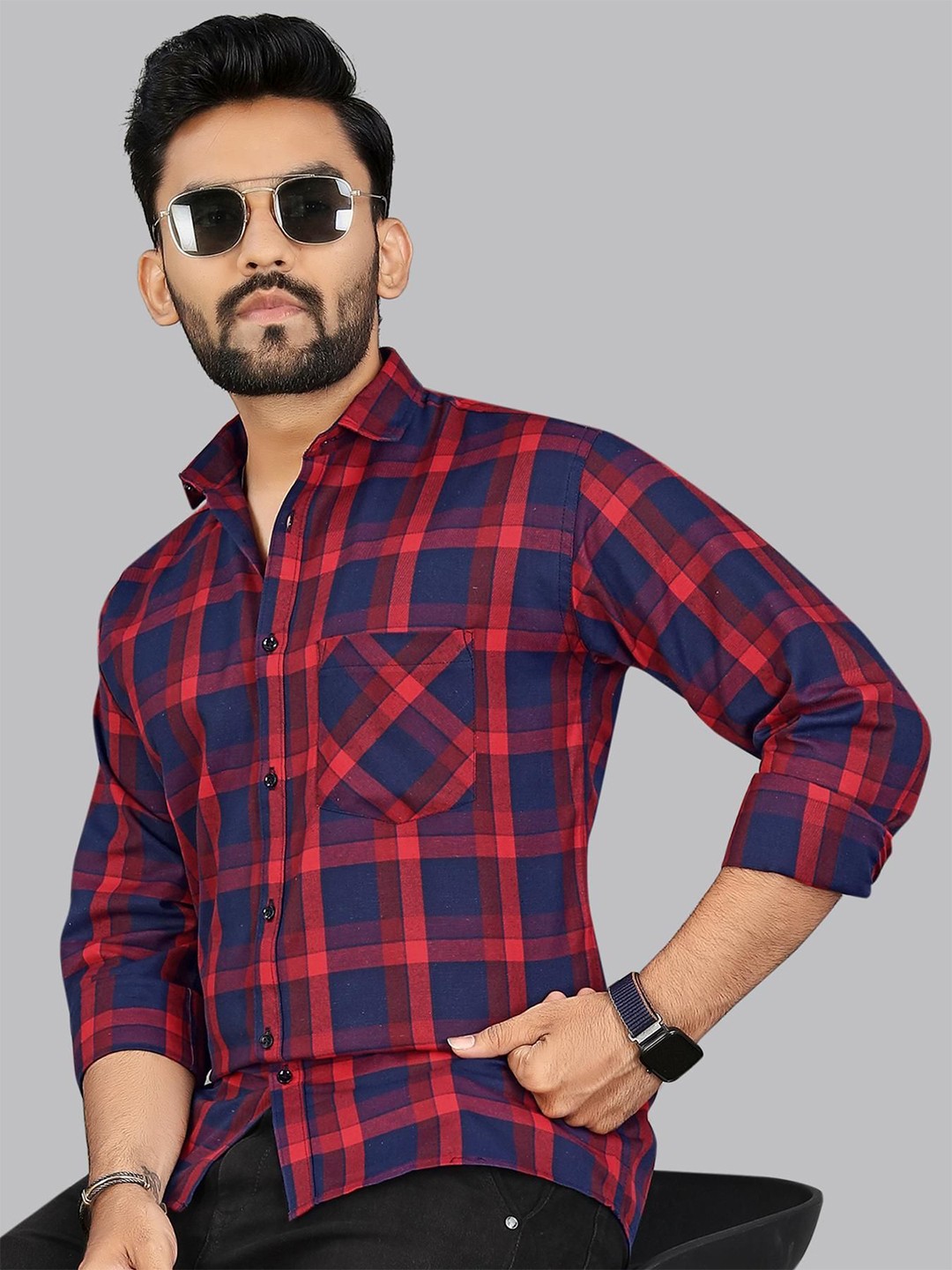 

ADWYN PETER Men Classic Spread Collar Tartan Checked Cotton Casual Shirt, Maroon