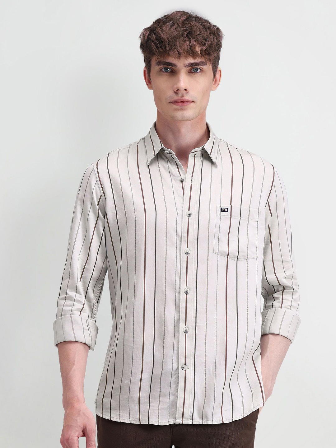 

Arrow Sport Men Classic Spread Collar Vertical Striped Cotton Casual Shirt, Beige