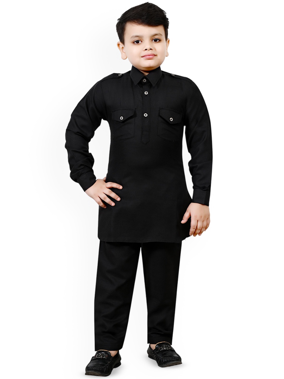 

Arshia Fashions Boys Shirt Collar Regular Pathani Kurta with Pyjamas, Black