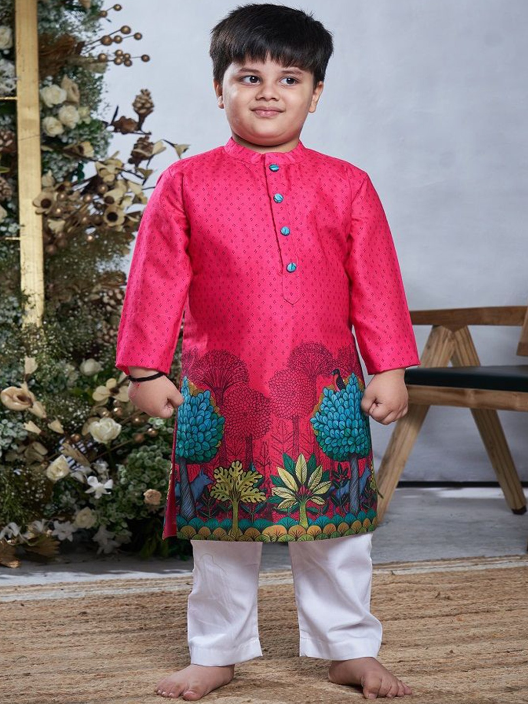 

Vivedkids Boys Floral Printed Mandarin Collar Regular Pure Cotton Kurta With Pyjamas, Pink