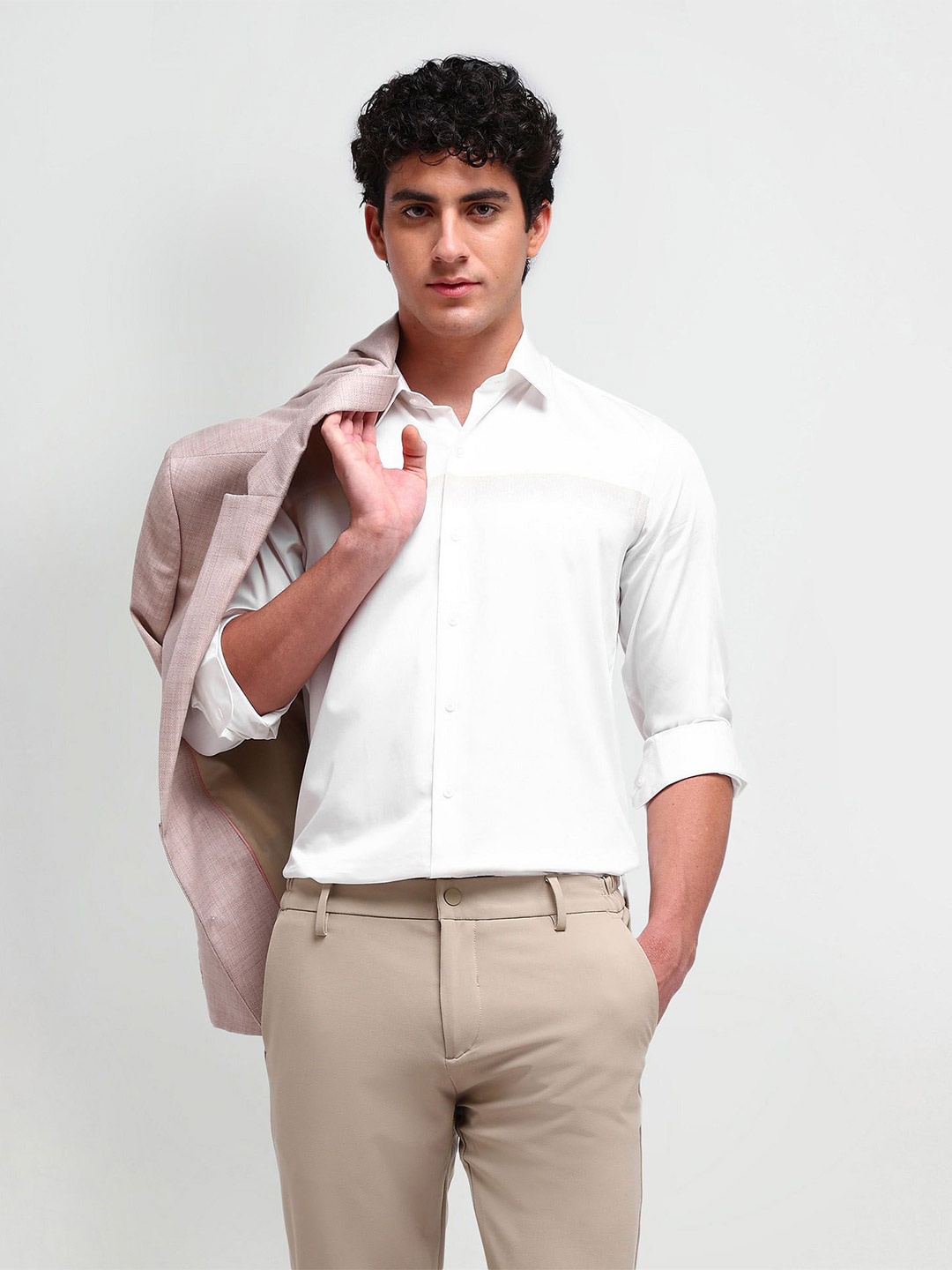 

Arrow New York Men Comfort Spread Collar Solid Cotton Slim Fit Formal Shirt, Beige