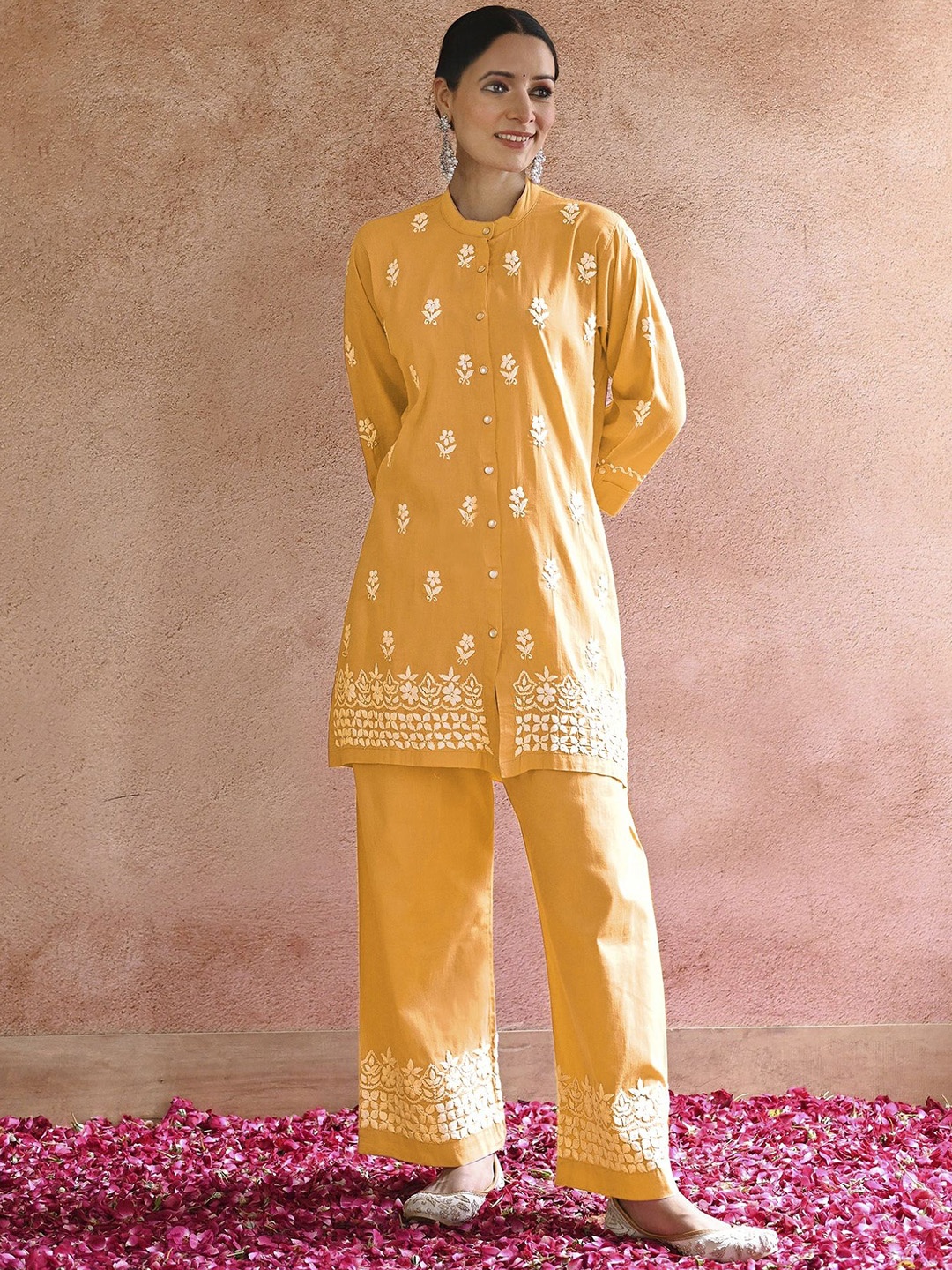 

Aika Floral Embroidered Regular Thread Work Straight Kurti with Palazzos, Yellow