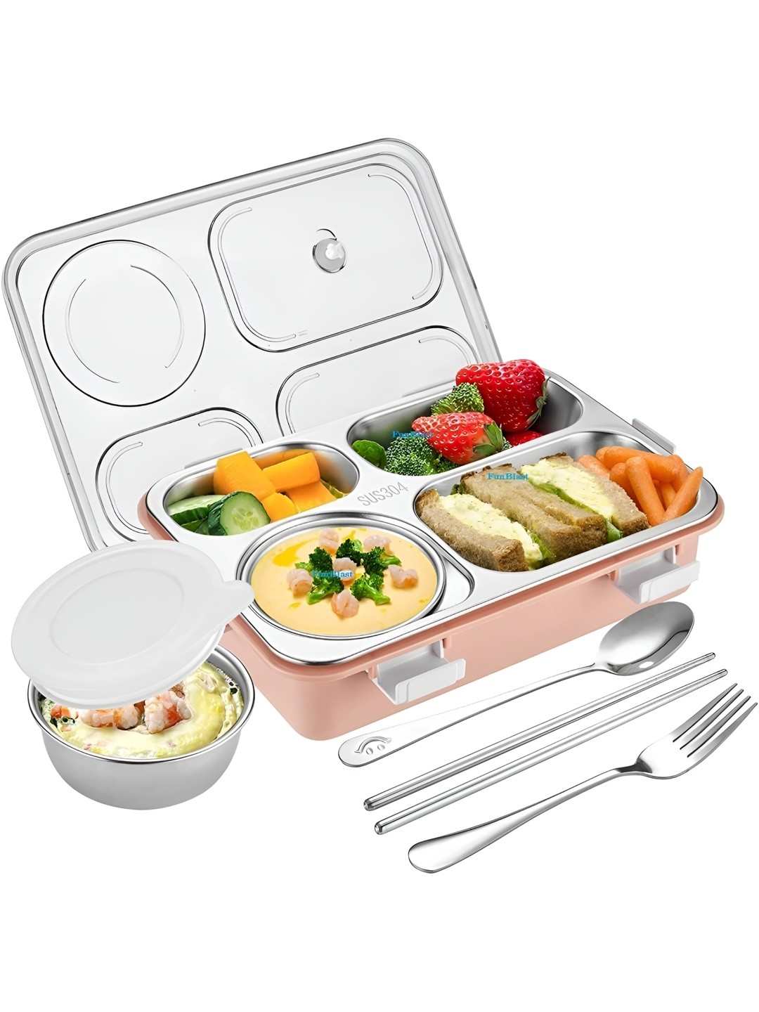 

NeonateCare Pink 4 Compartment Stainless Steel Lunch Box with Spoon & Fork
