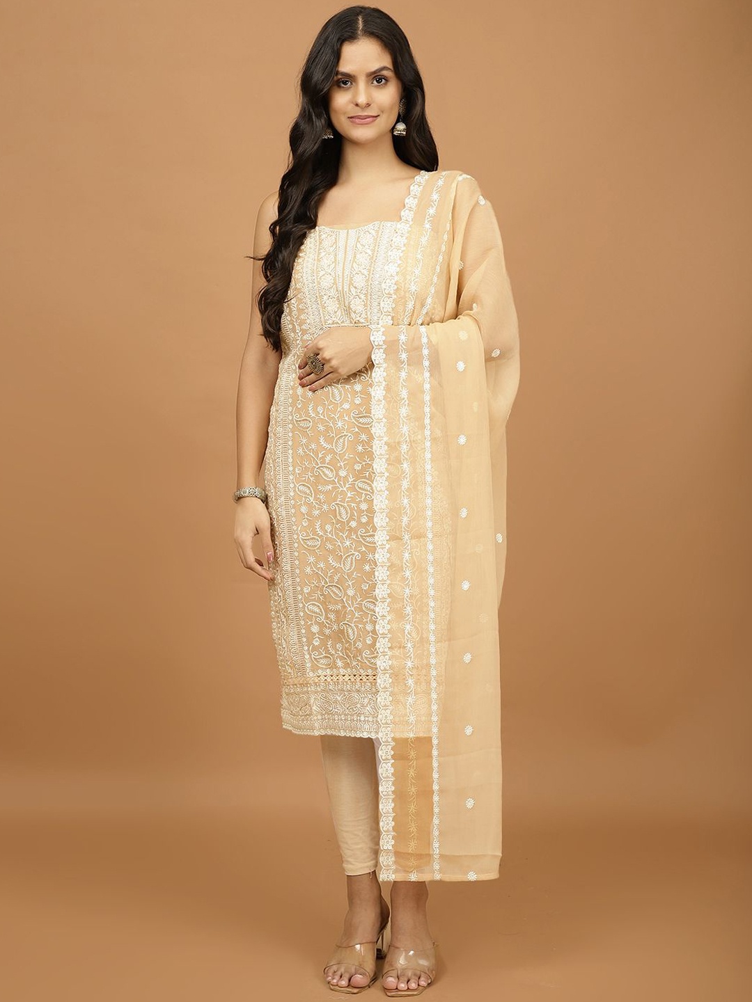 

Meena Bazaar Ethnic Motifs Embroidered Zari Work Unstitched Dress Material, Peach