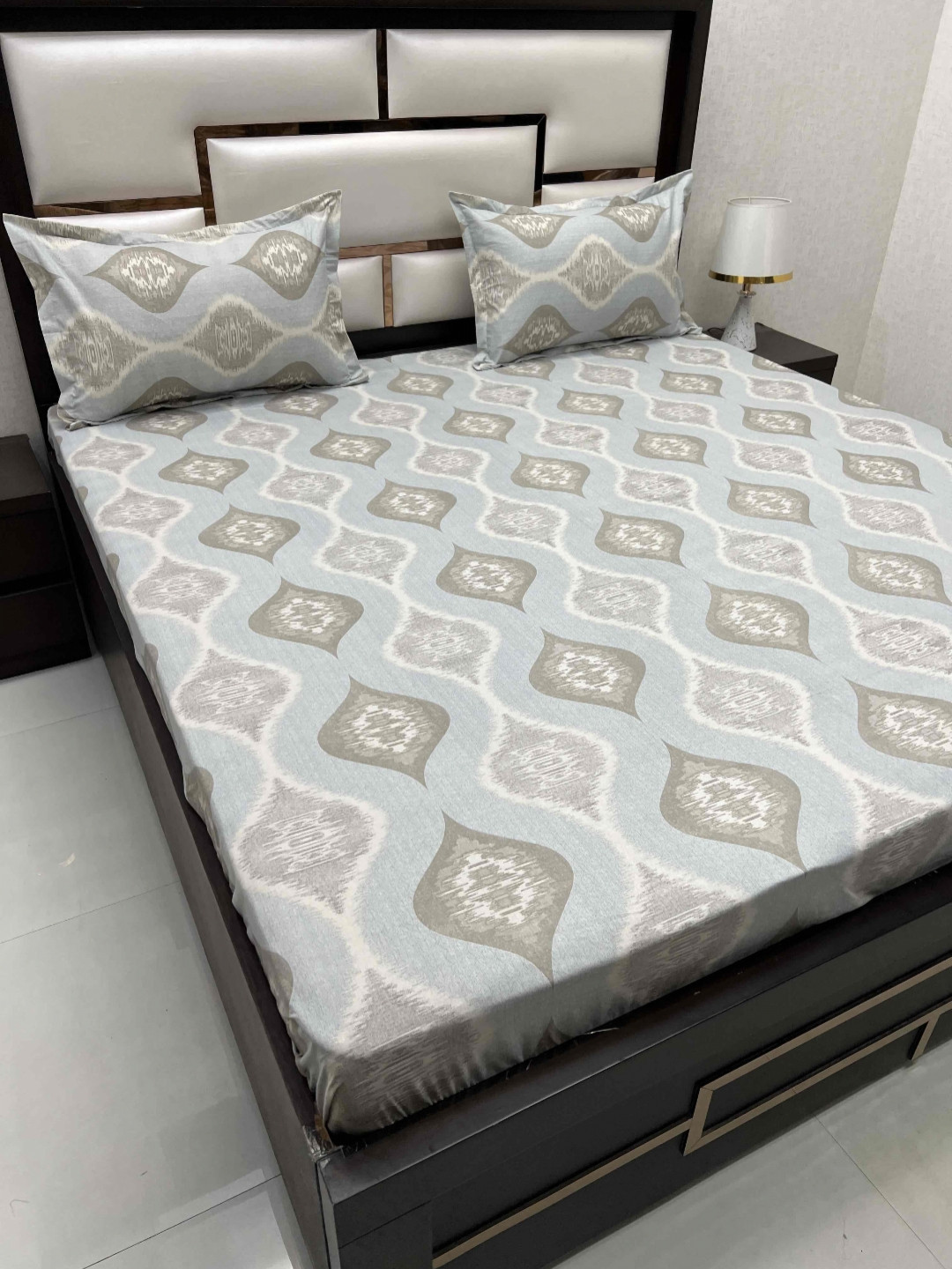 

Pure Decor Ruby Blue & Beige Printed 350 TC Pure Cotton Fitted Super King Bedsheet Set
