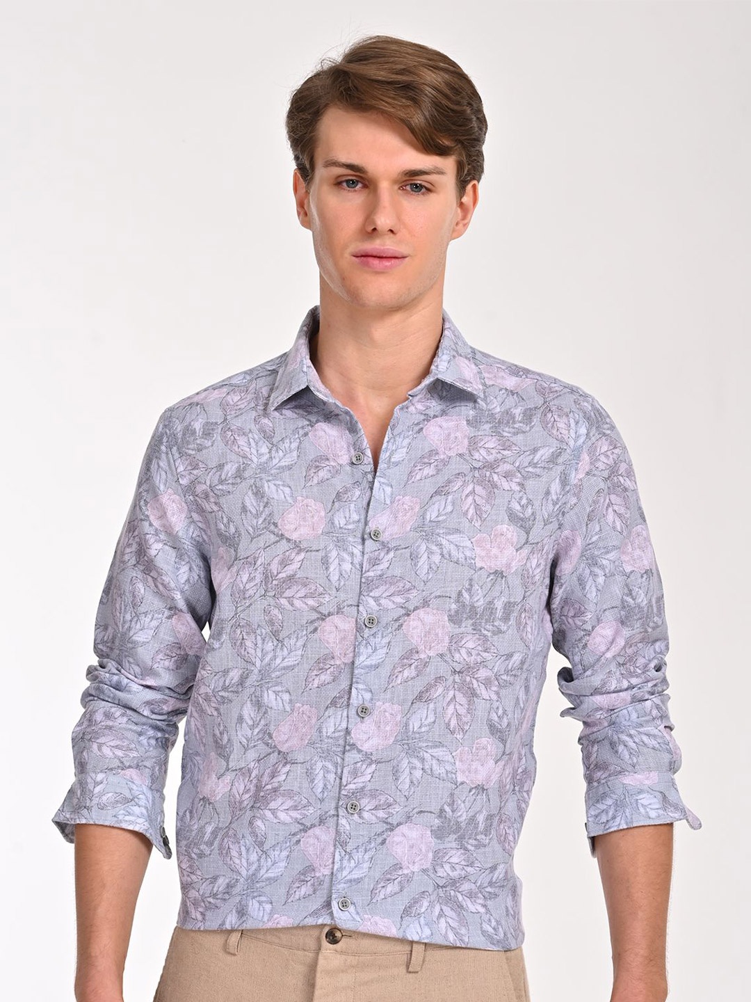 

POE Men Smart Spread Collar Floral Printed Cotton Slim Fit Casual Shirt, Green