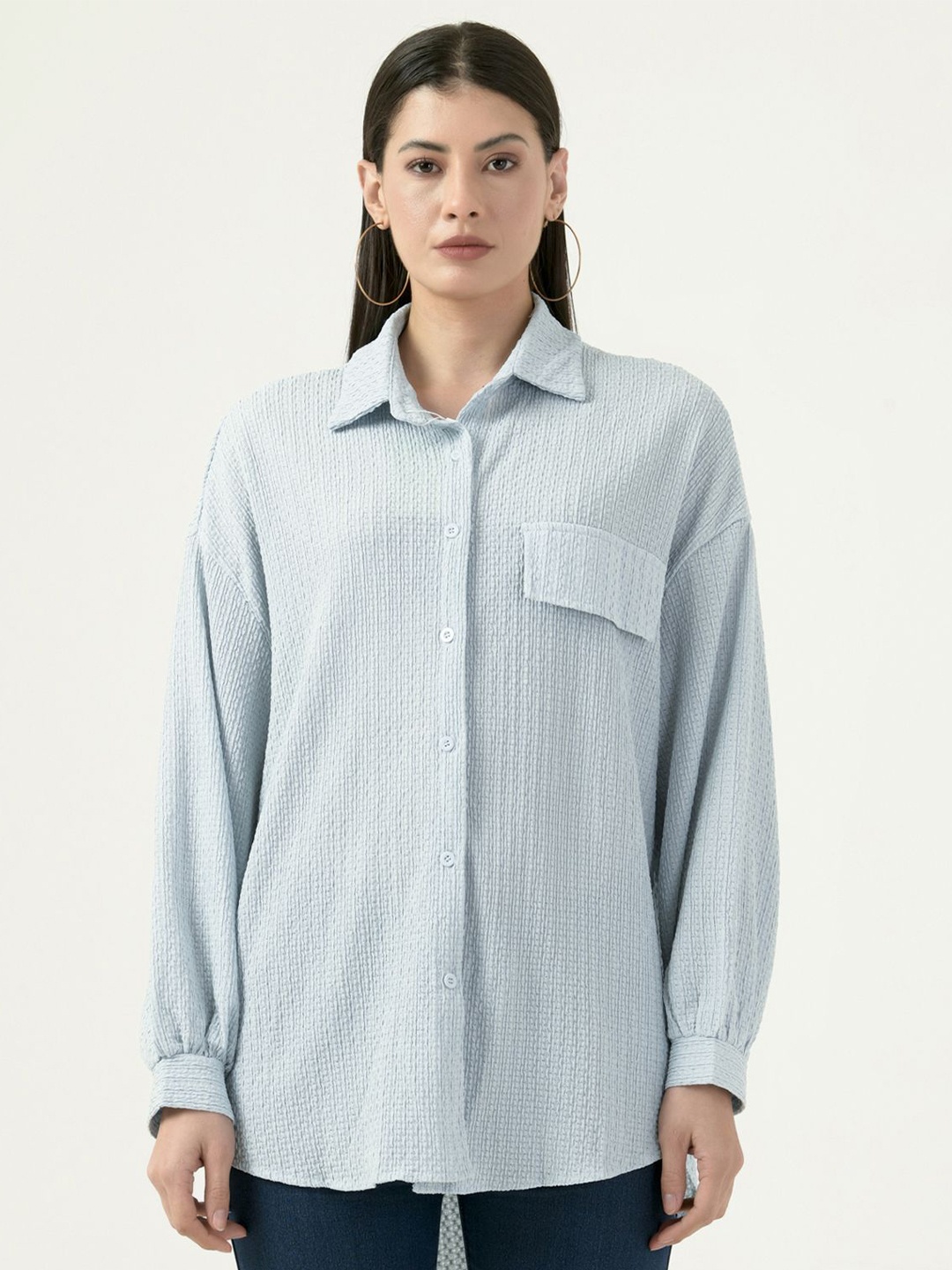 

Albion By CnM Women Spread Collar Textured Polycotton Casual Shirt, Blue