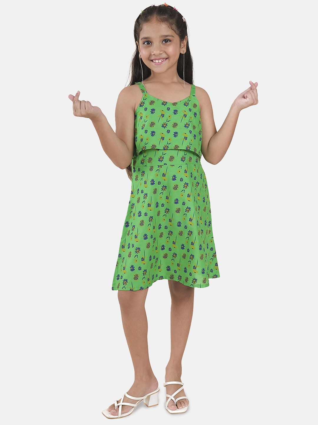 

KiddoPanti Girls Floral Print A-Line Dress, Green