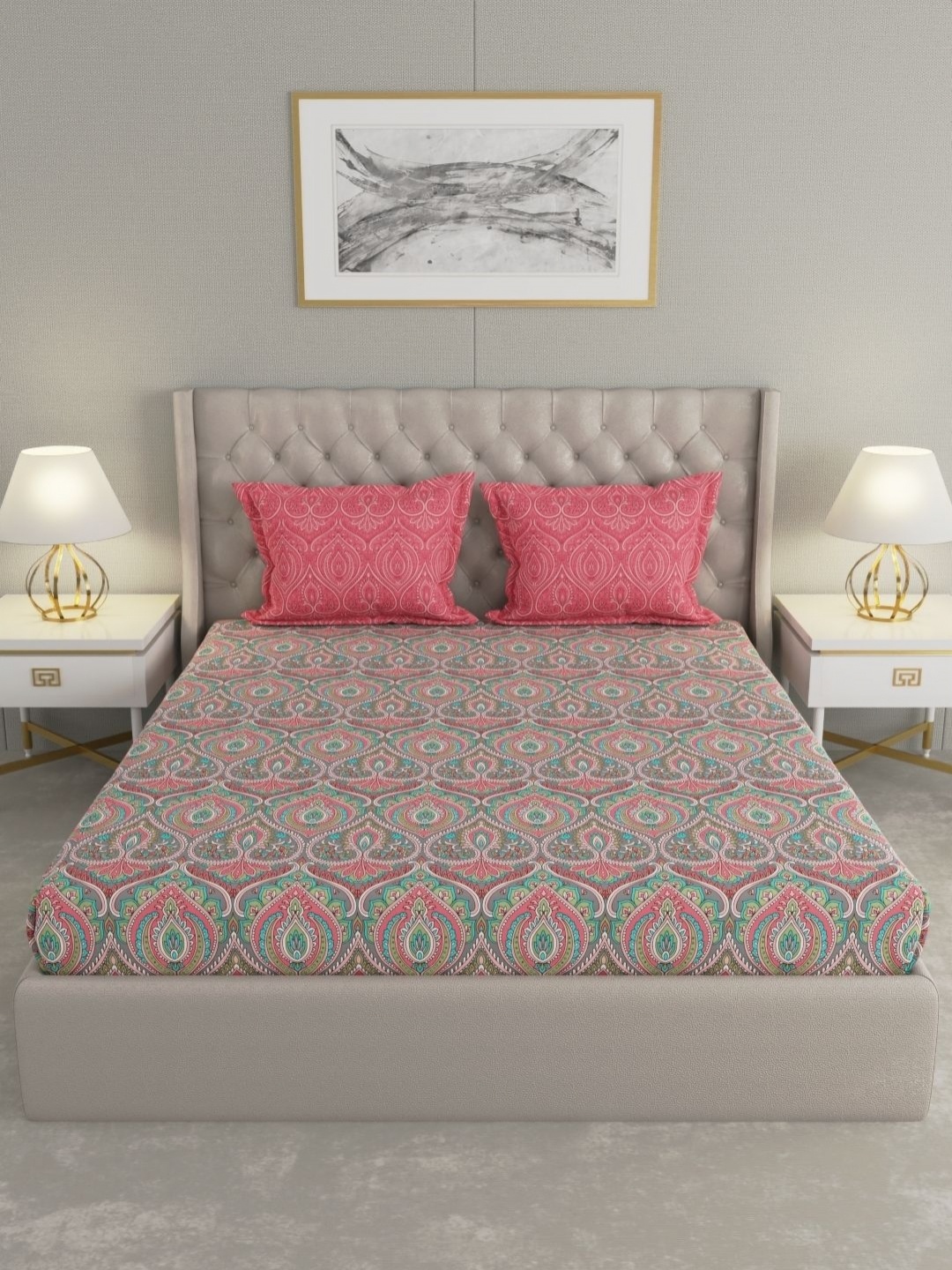 

Raymond Home Camphor Red & Green Printed 144 TC Cotton Queen Bedsheet with 2 Pillow Covers