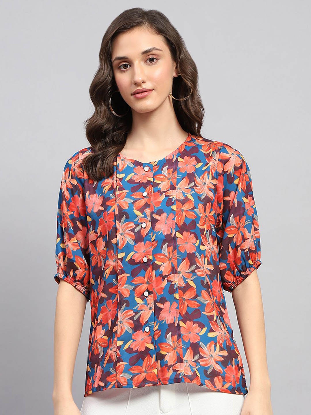 

Monte Carlo Women Floral Printed Round Neck Top, Blue