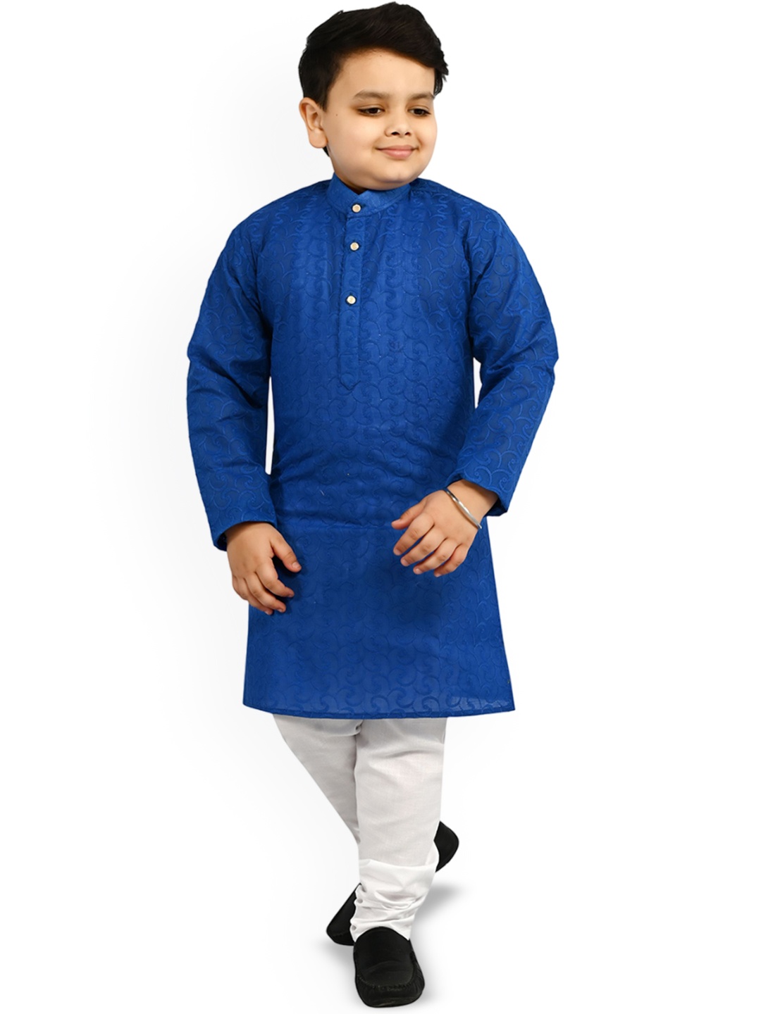 

Arshia Fashions Boys Embroidered Mandarin Collar Chikankari Straight Kurta with Pyjamas, Blue