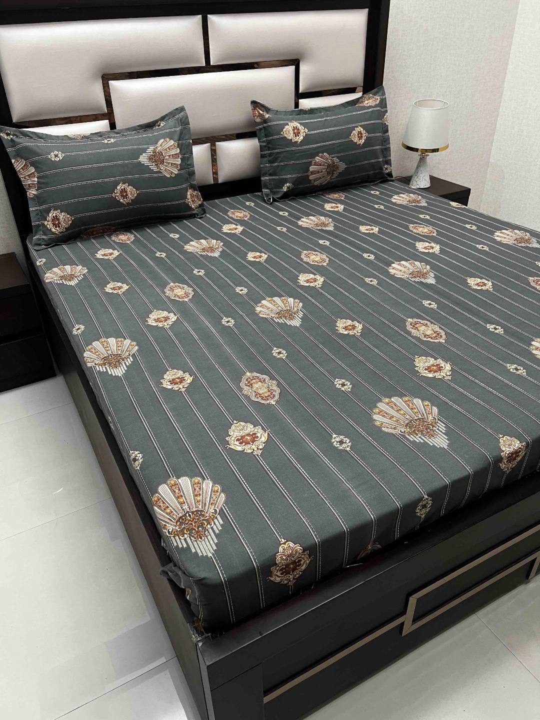 

Pure Decor Amulya Grey & Brown Printed 260 TC Microfiber Double Queen Bedsheet Set