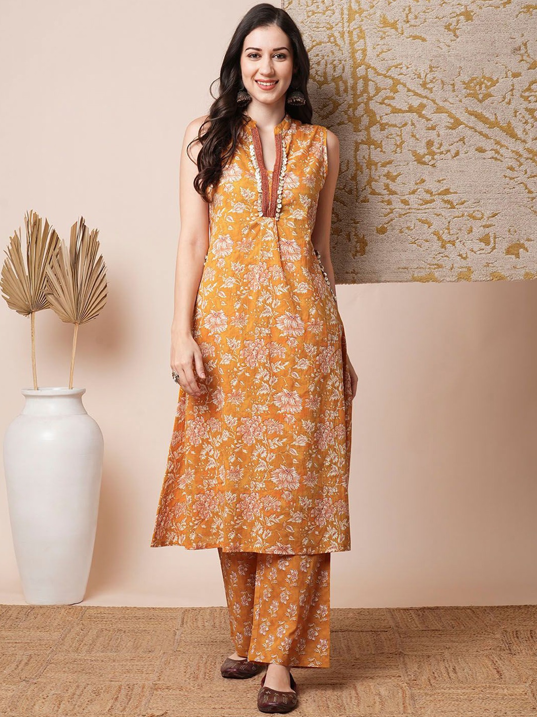 

FASHOR Yellow Floral Printed Mandrain collar Pure Cotton A-Line Kurta with Palazzo