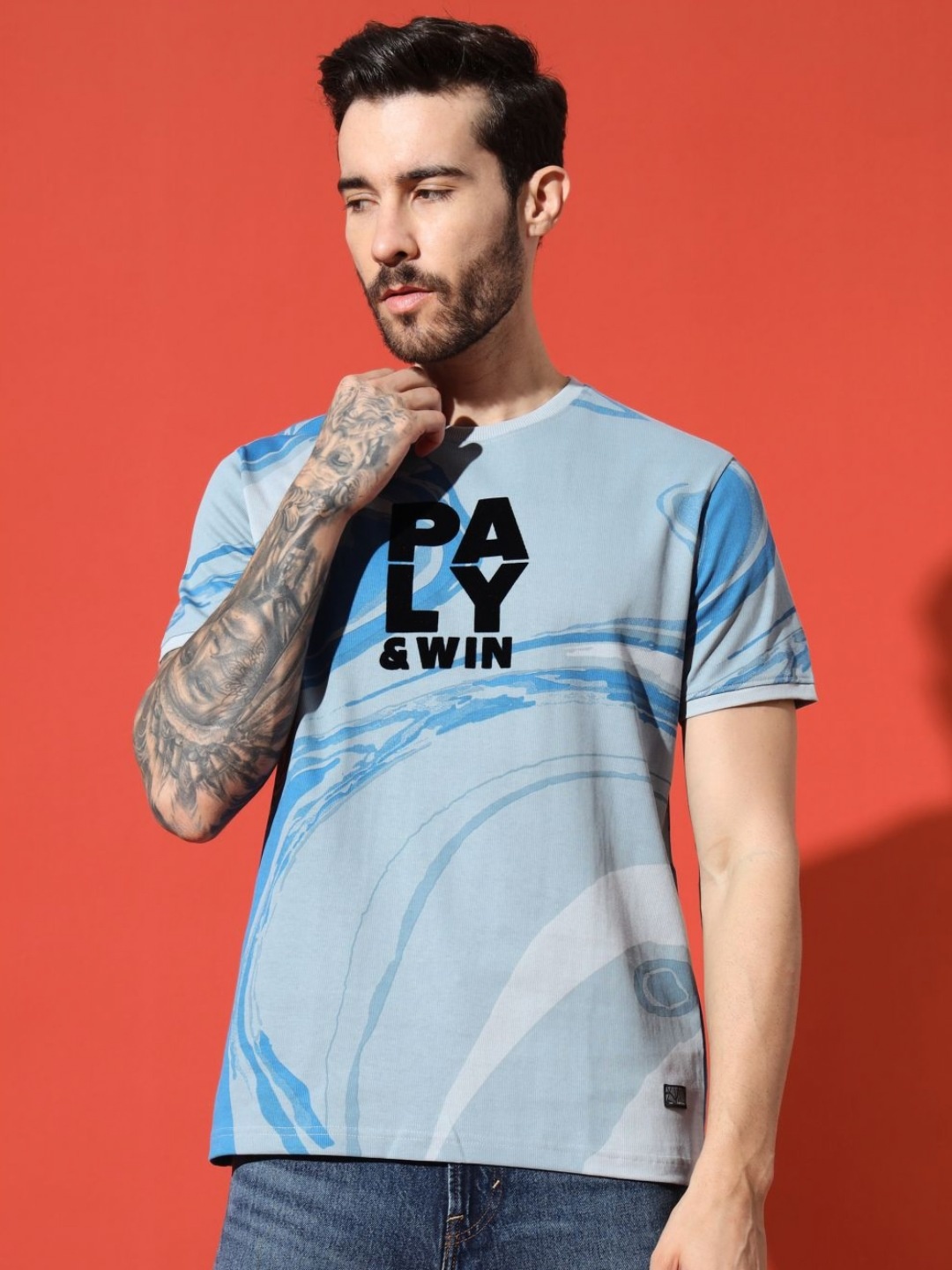 

URBAN TRAIL Men Typography Printed Round Neck Cotton T-shirt, Blue