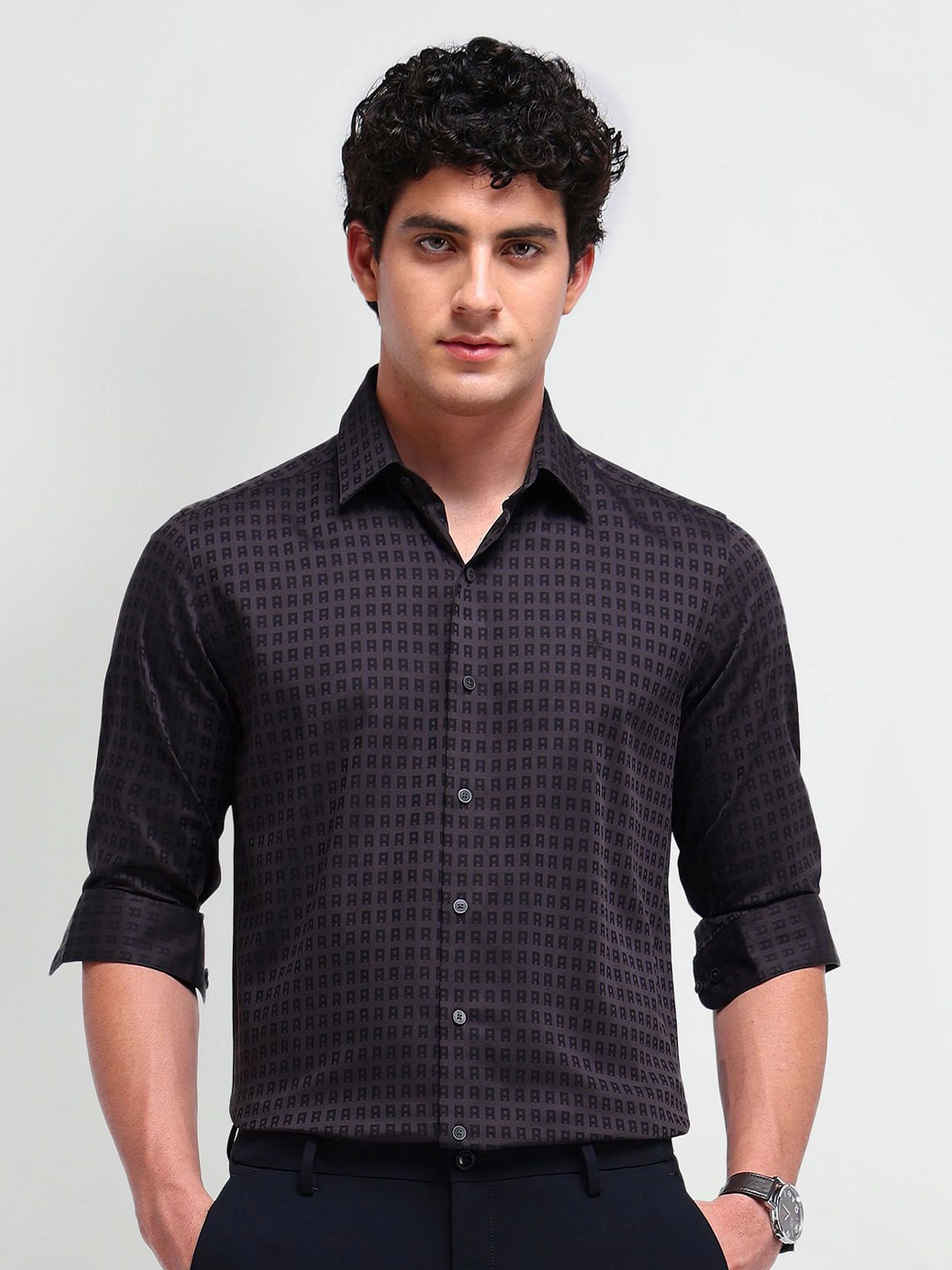 

Arrow New York Men Comfort Spread Collar Abstract Printed Cotton Slim Fit Formal Shirt, Black