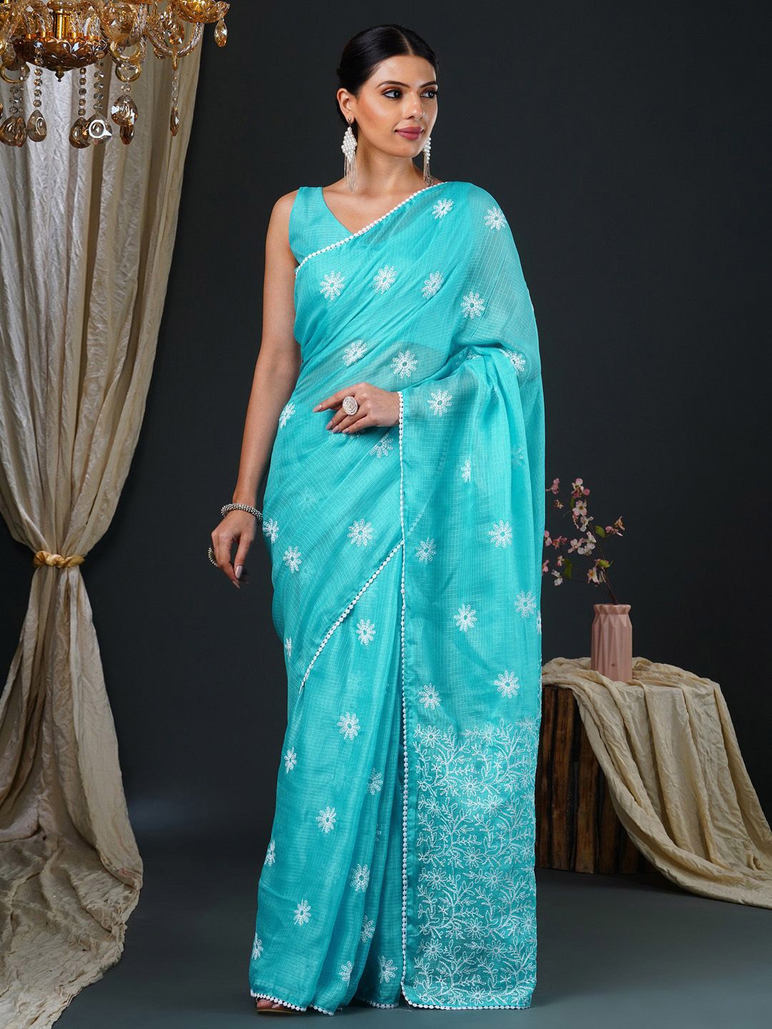 

Anouk Rustic Floral Embroidered Saree, Teal