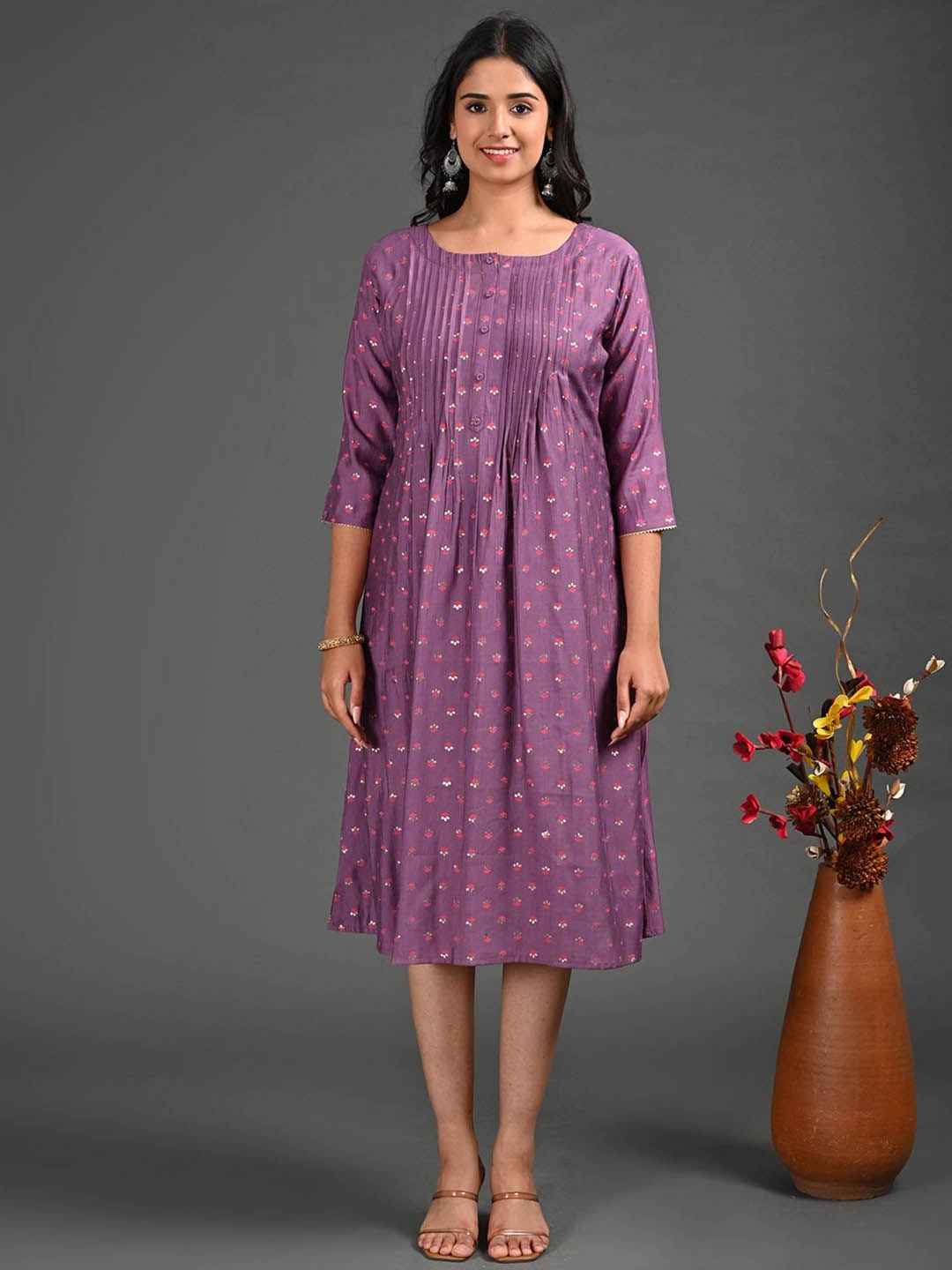 

GOLDSTROMS Floral Printed A-Line Ethnic Dress, Magenta