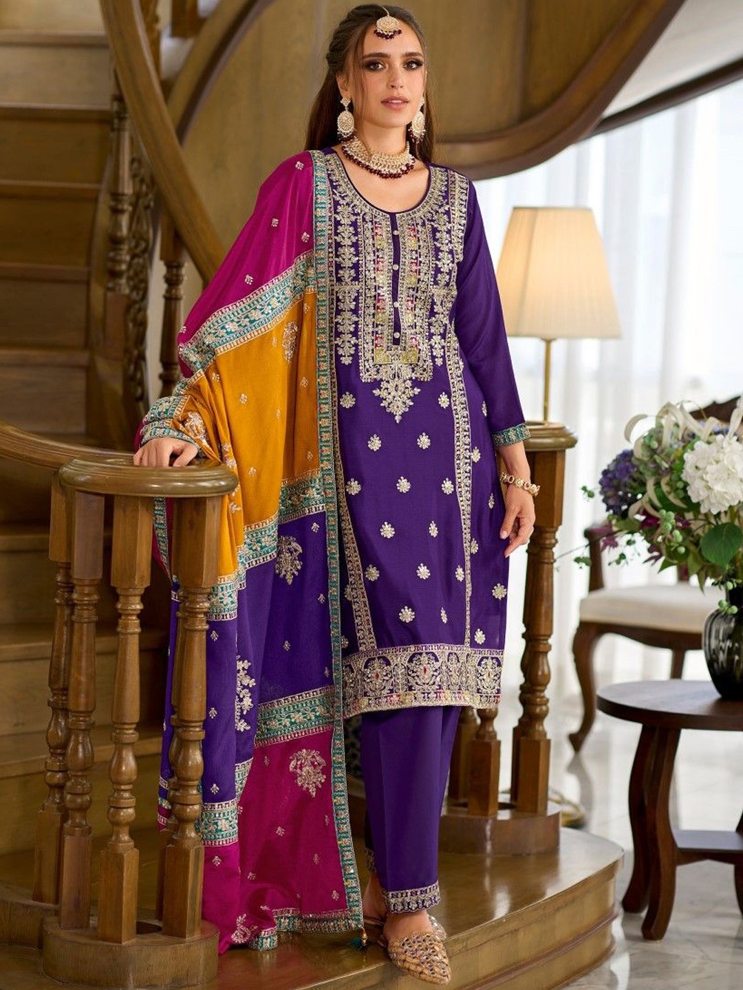 

AUTUMN LANE Ethnic Motifs Embroidered Zari Organza Straight Kurta With Trousers & Dupatta, Purple