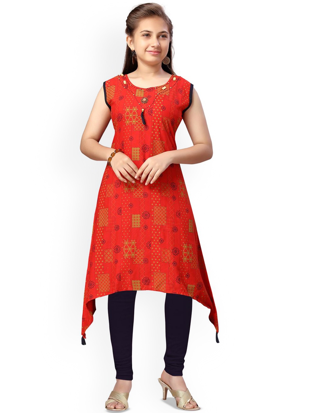 

BAESD Girls Ethnic Motifs Printed Cotton A-Line Kurta, Red