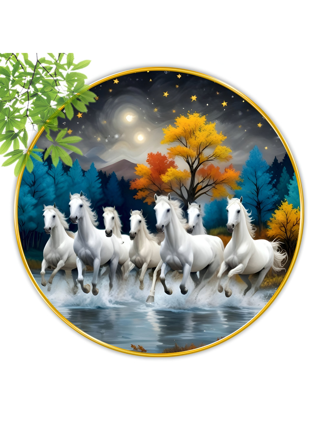 

Aura Blue & White Seven Horse Round Shaped Wooden Wall Art