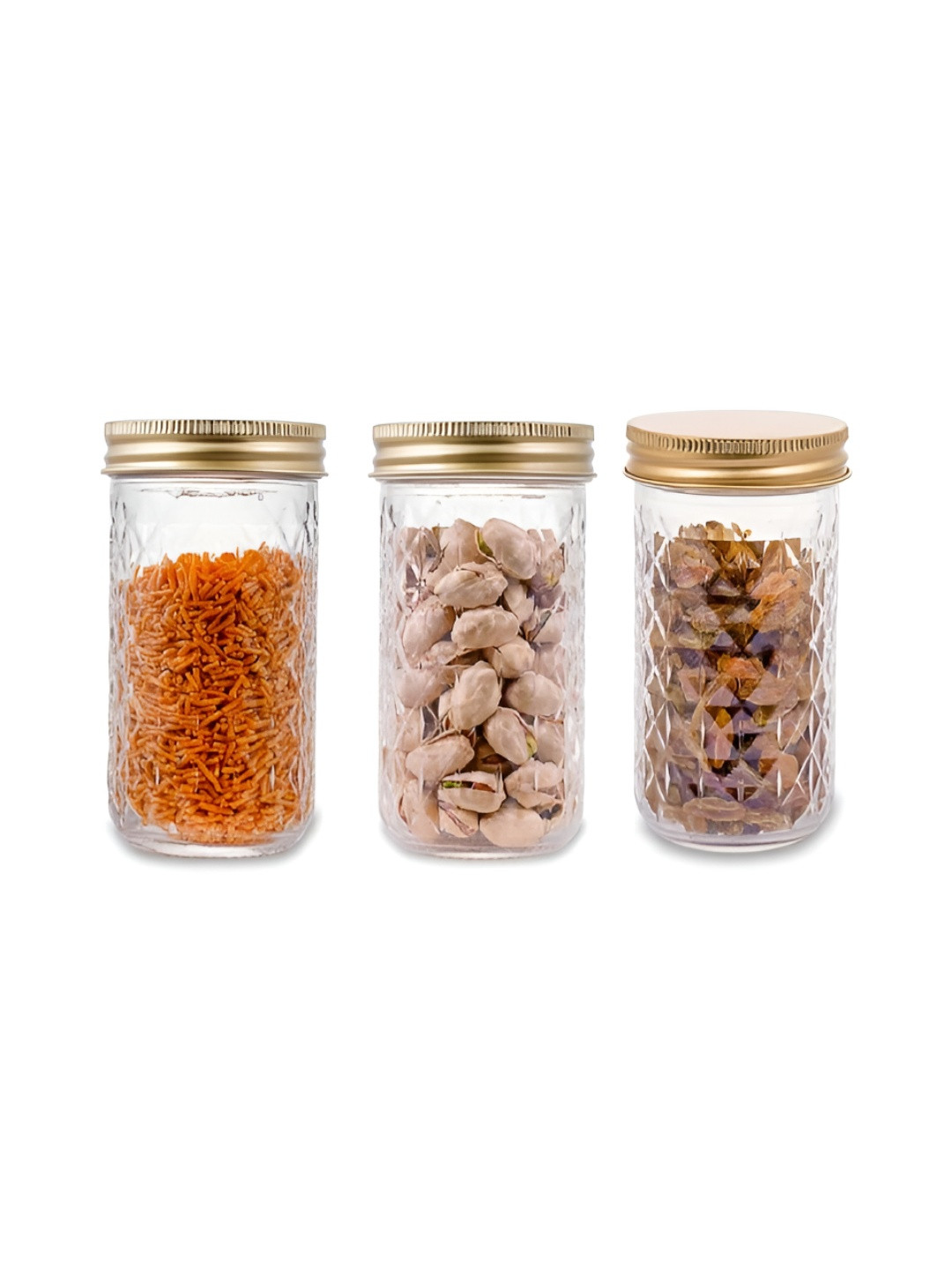 

tyche enterprises Transparent & Gold Toned 3 Pieces Glass Dishwasher Safe Container 350ml