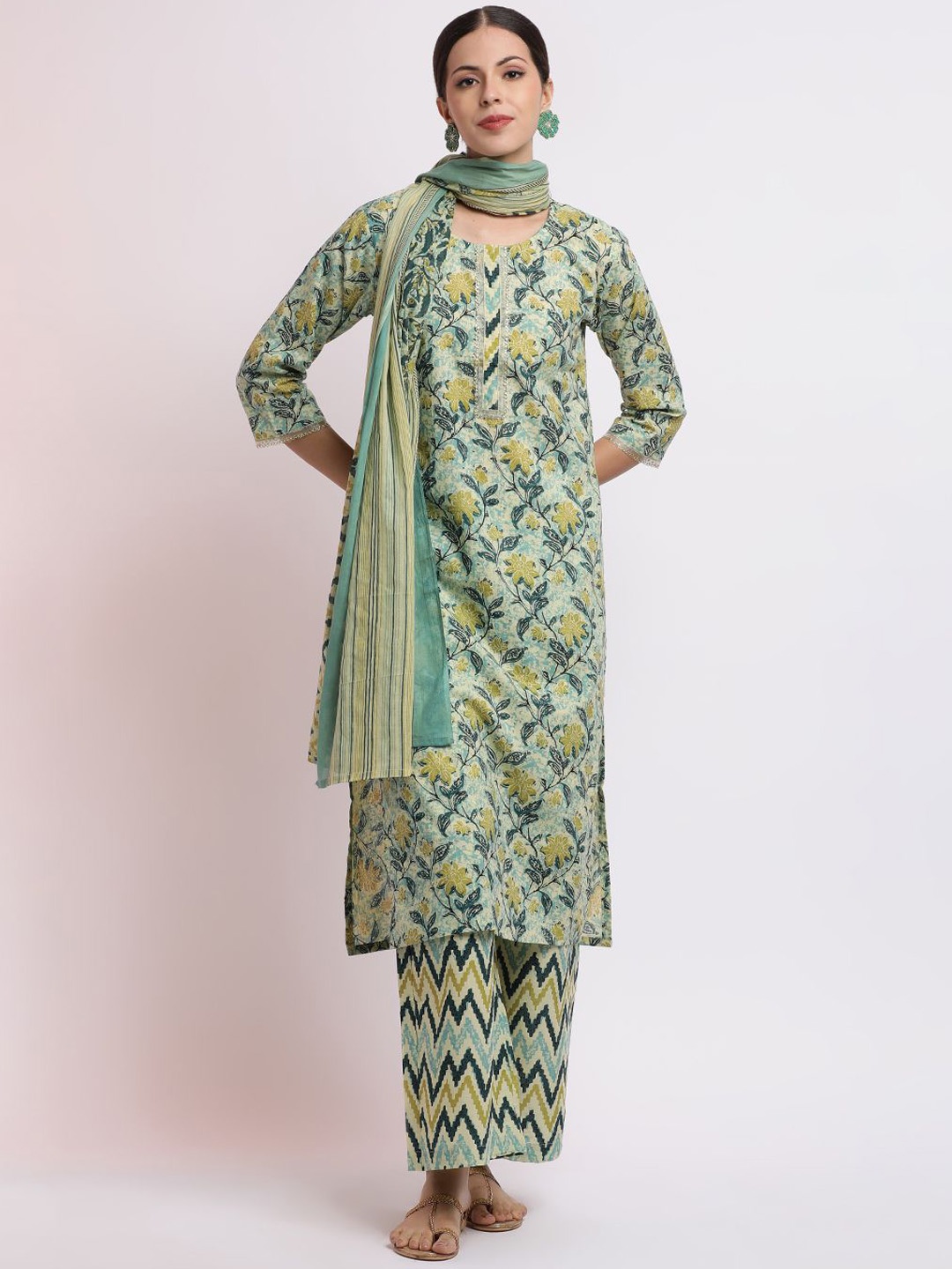 

Jaipur Kurti Floral Printed Cotton Kurta Set With Dupatta, Turquoise blue