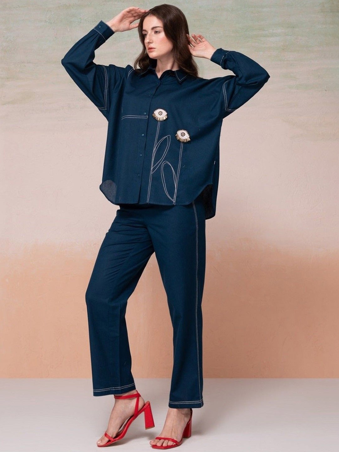 

AUTUMN LANE Embroidered Pure Cotton Shirt With Trouser, Blue