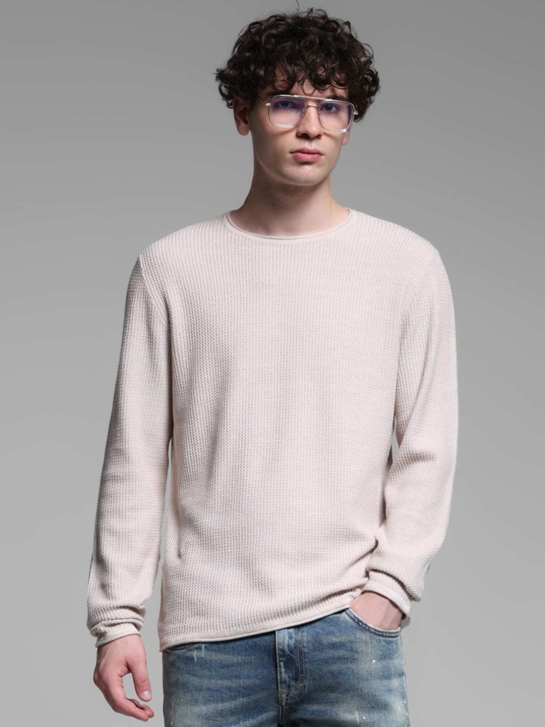 

Jack & Jones Men Solid Knitted Cotton Pullover Sweater, Beige