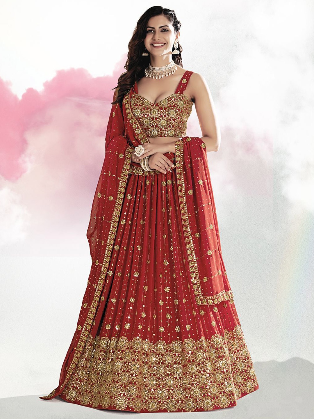 

Shee Star Embroidered Sequinned Semi-Stitched Lehenga & Unstitched Blouse With Dupatta, Red