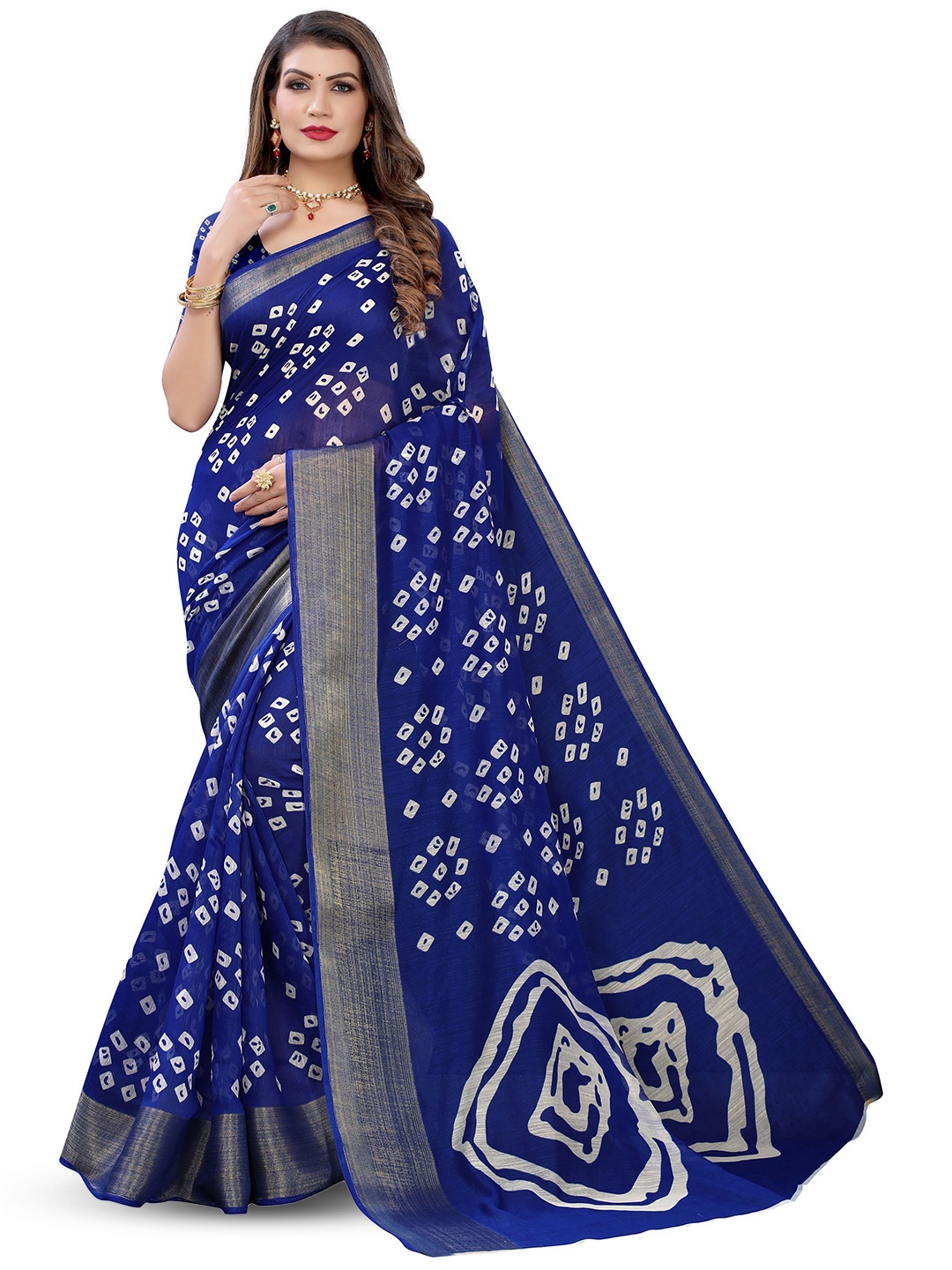 

VIRICA Bandhani Printed Zari Silk Cotton Saree, Blue