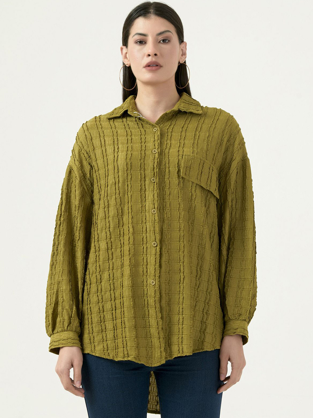 

Albion By CnM Women Spread Collar Textured Polycotton Casual Shirt, Green