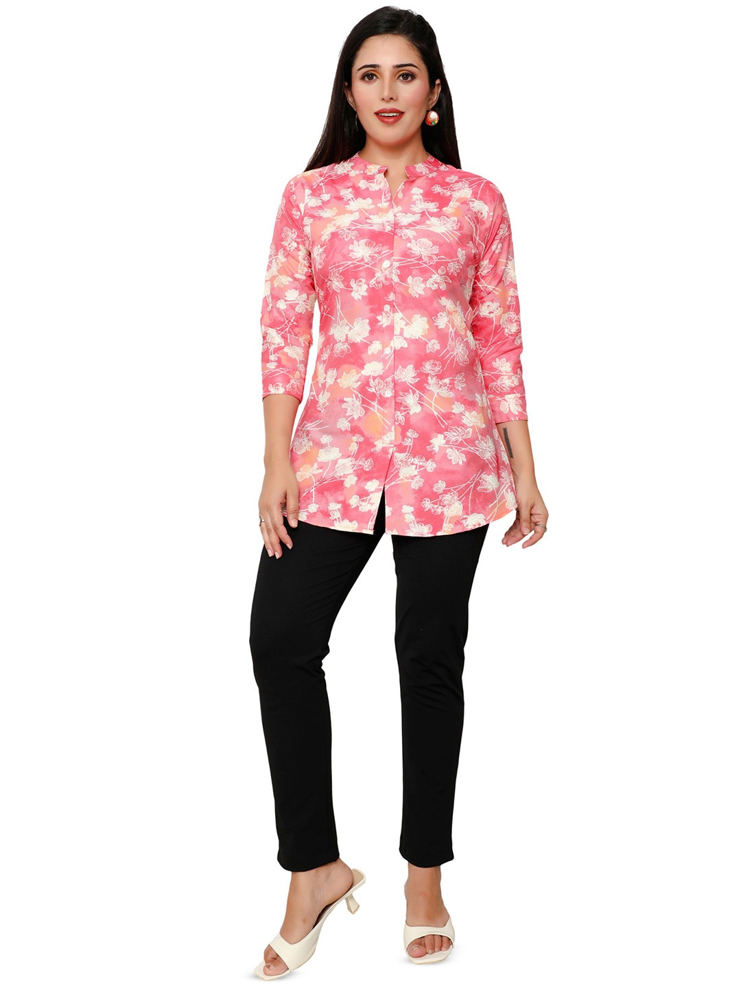 

FESYEN Women Mandarin Collar Printed Ethnic Cotton Tunic, Pink
