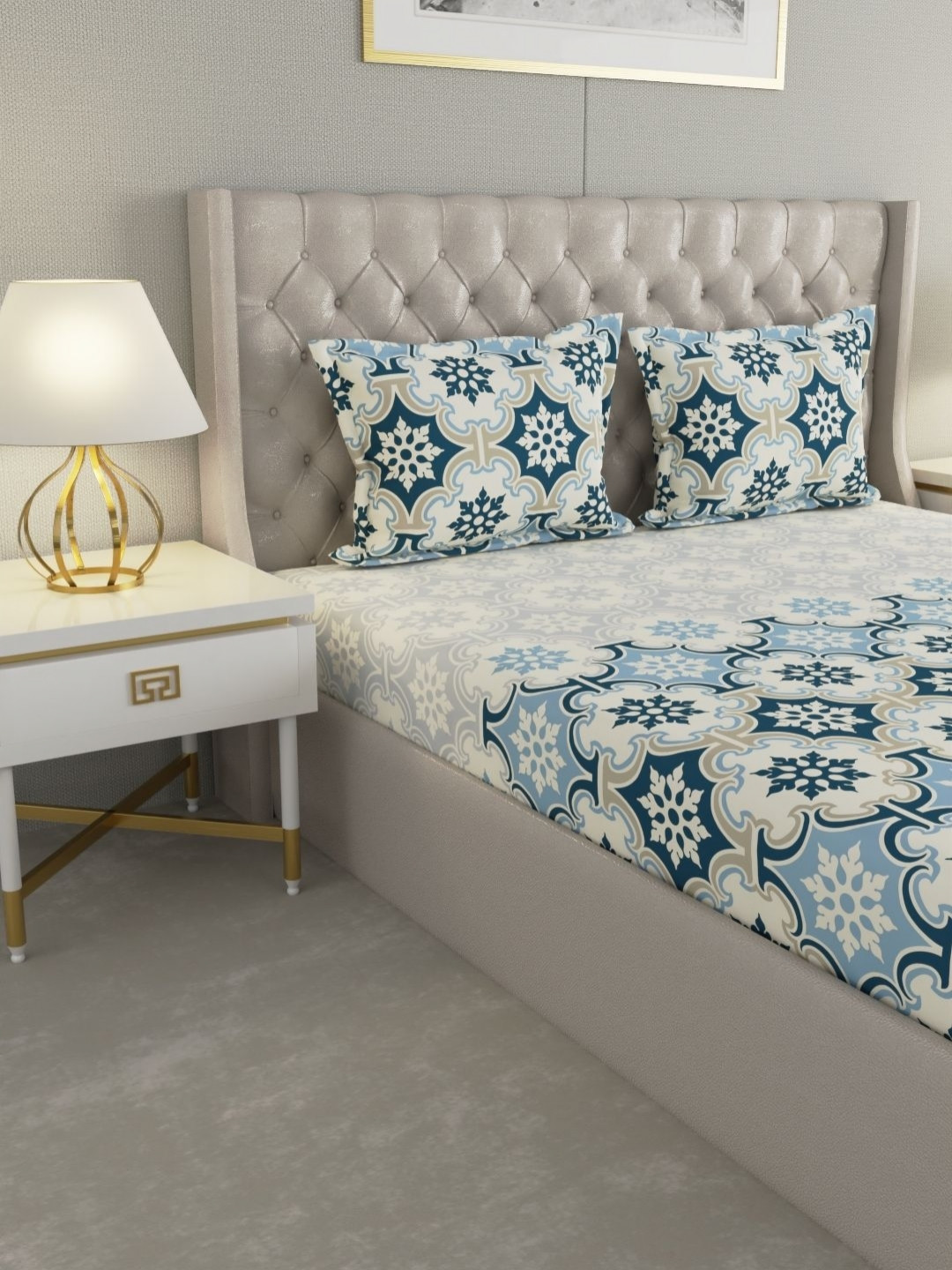 

Raymond Home Shubham Blue Ethnic Motifs 120 TC Cotton King Bedsheet & 2 Pillow Covers