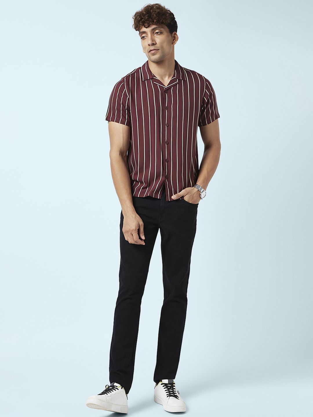 

People Men Cuban Collar Vertical Striped Cotton Casual Shirt, Beige