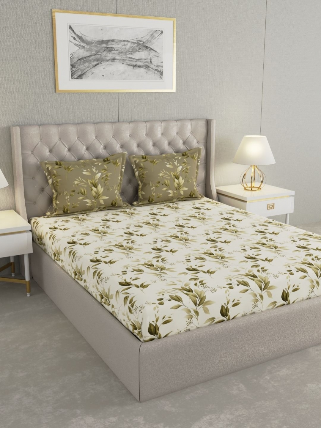 

Raymond Home Camphor Olive Green Printed Cotton 144 TC Queen Bedsheet & 2 Pillow Covers