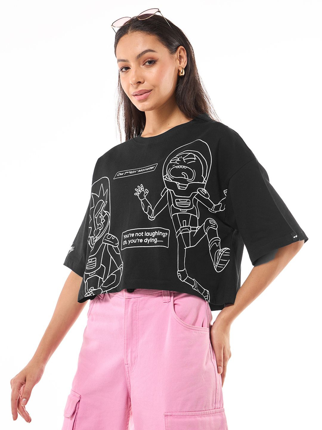 

Bewakoof Women Graphic Printed Cotton Crop Top, Black