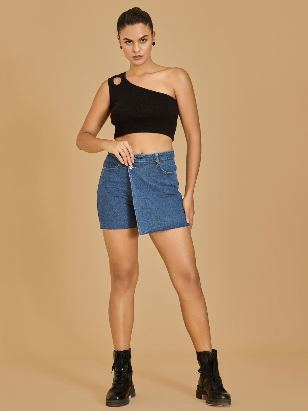 

Urban Sundari Women Solid One Shoulder Cotton Top, Black