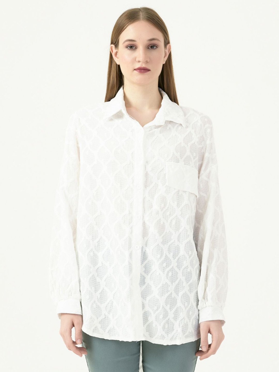 

Albion By CnM Women Spread Collar Textured Polycotton Casual Shirt, White