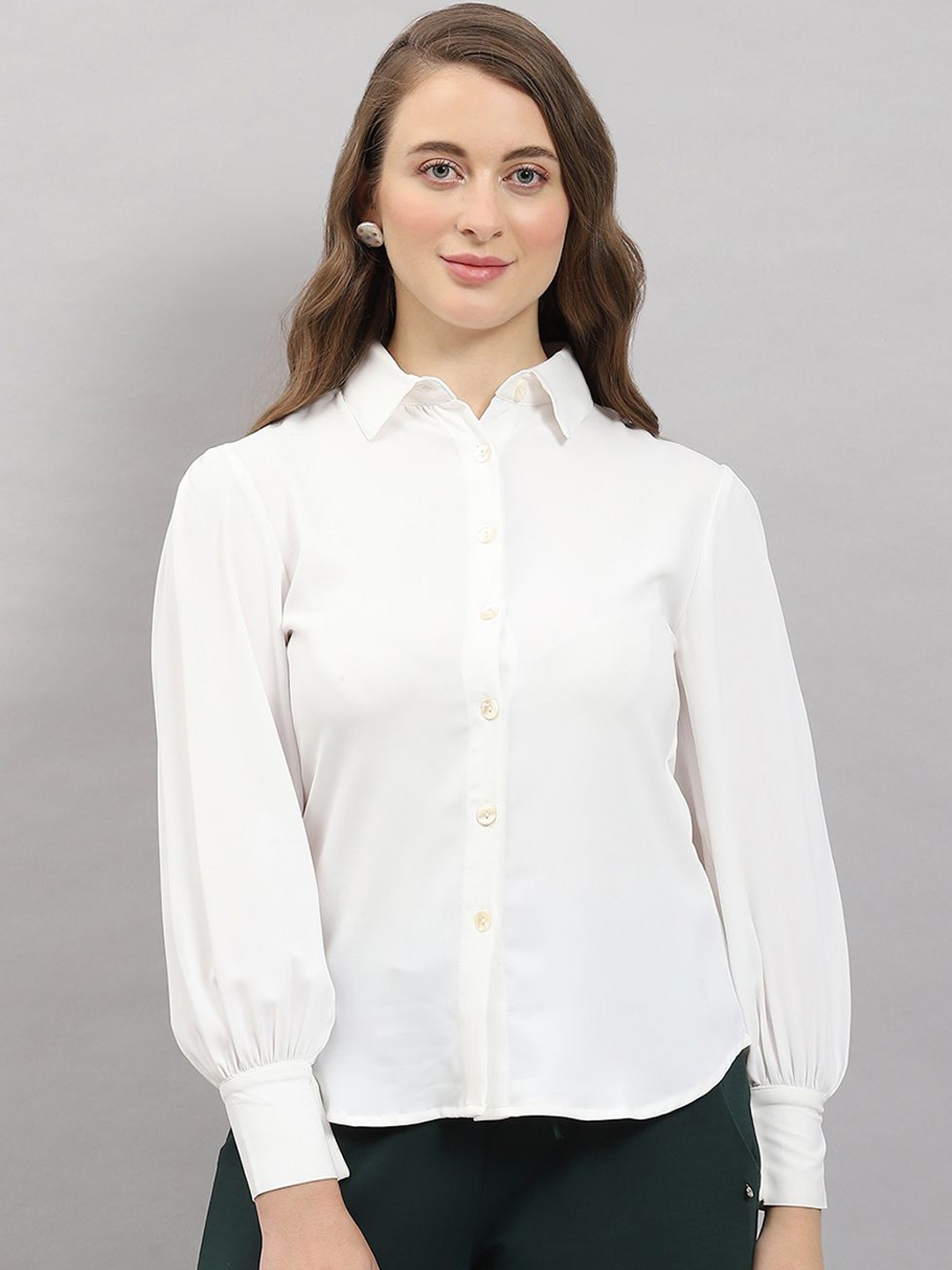 

Monte Carlo Women Spread Collar Solid Casual Shirt, White