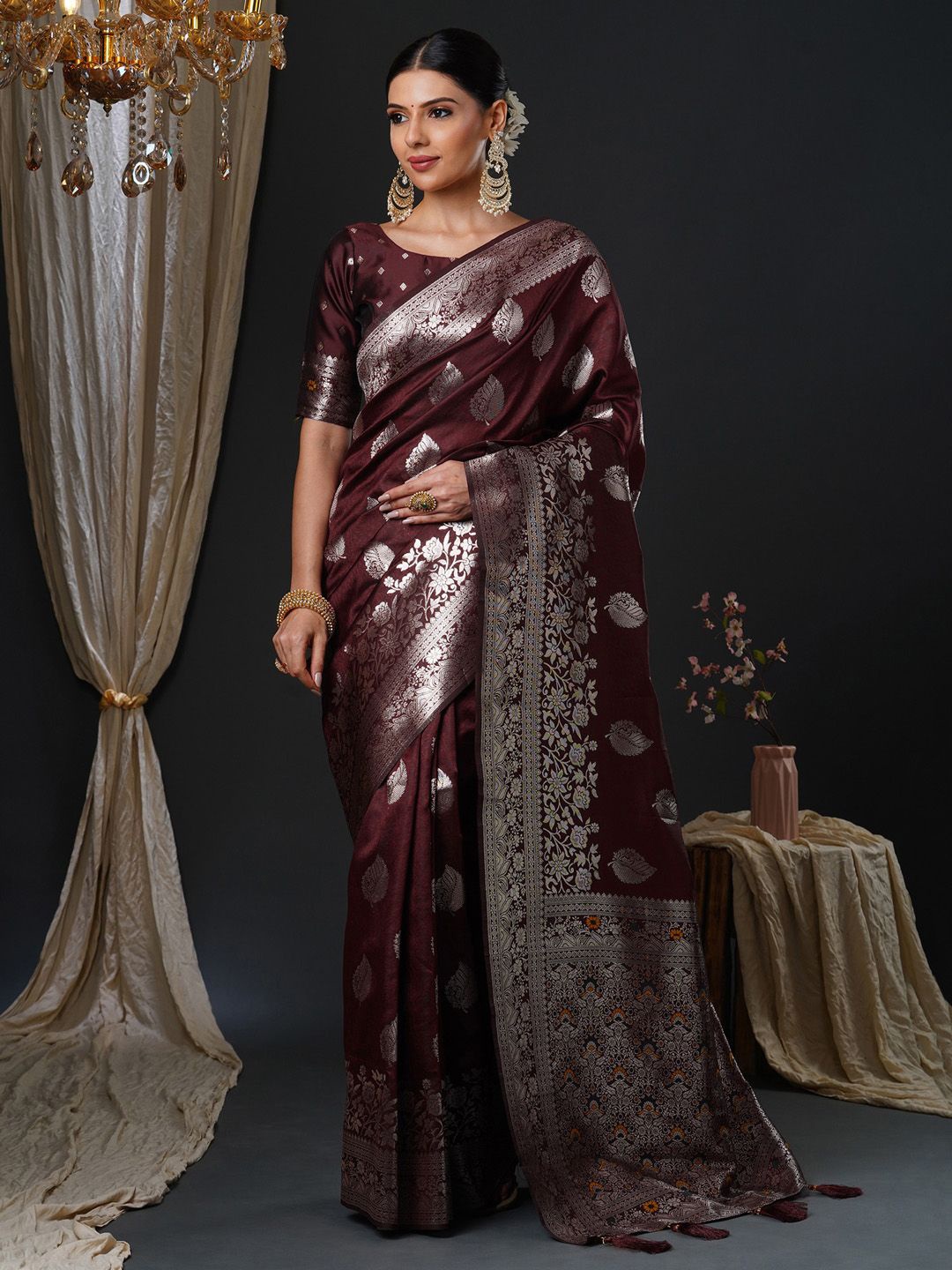 

Anouk Ethnic Motifs Zari Silk Blend Banarasi Saree, Brown
