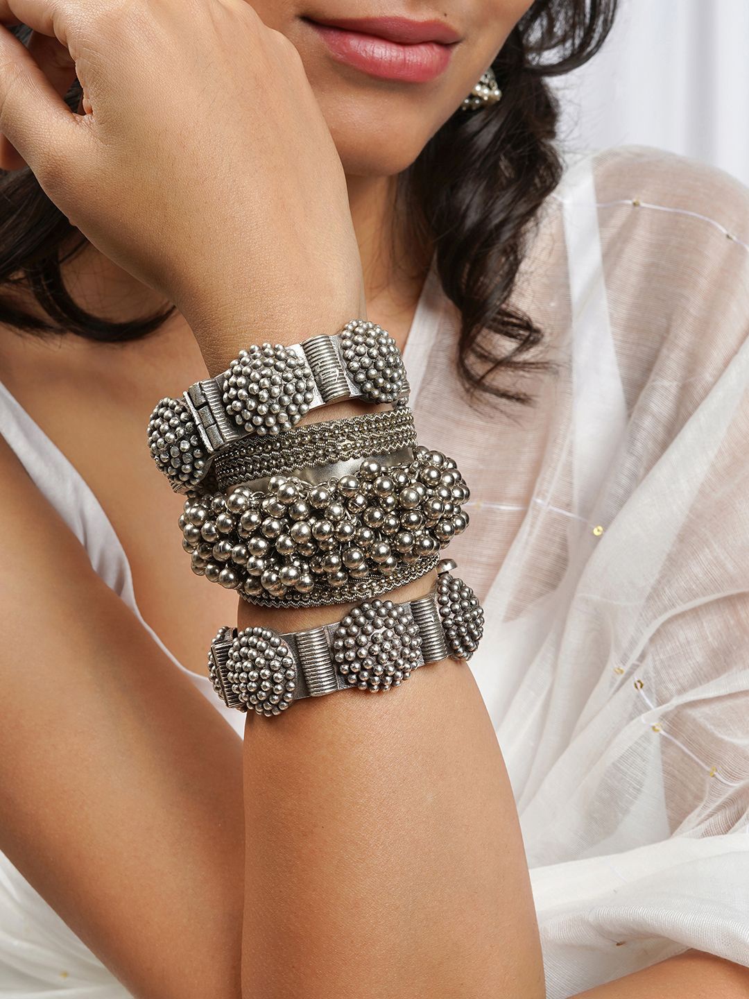 

TEEJH Nayna Set Of 3 Oxidised Stacked Bangle Style Bracelets, Silver